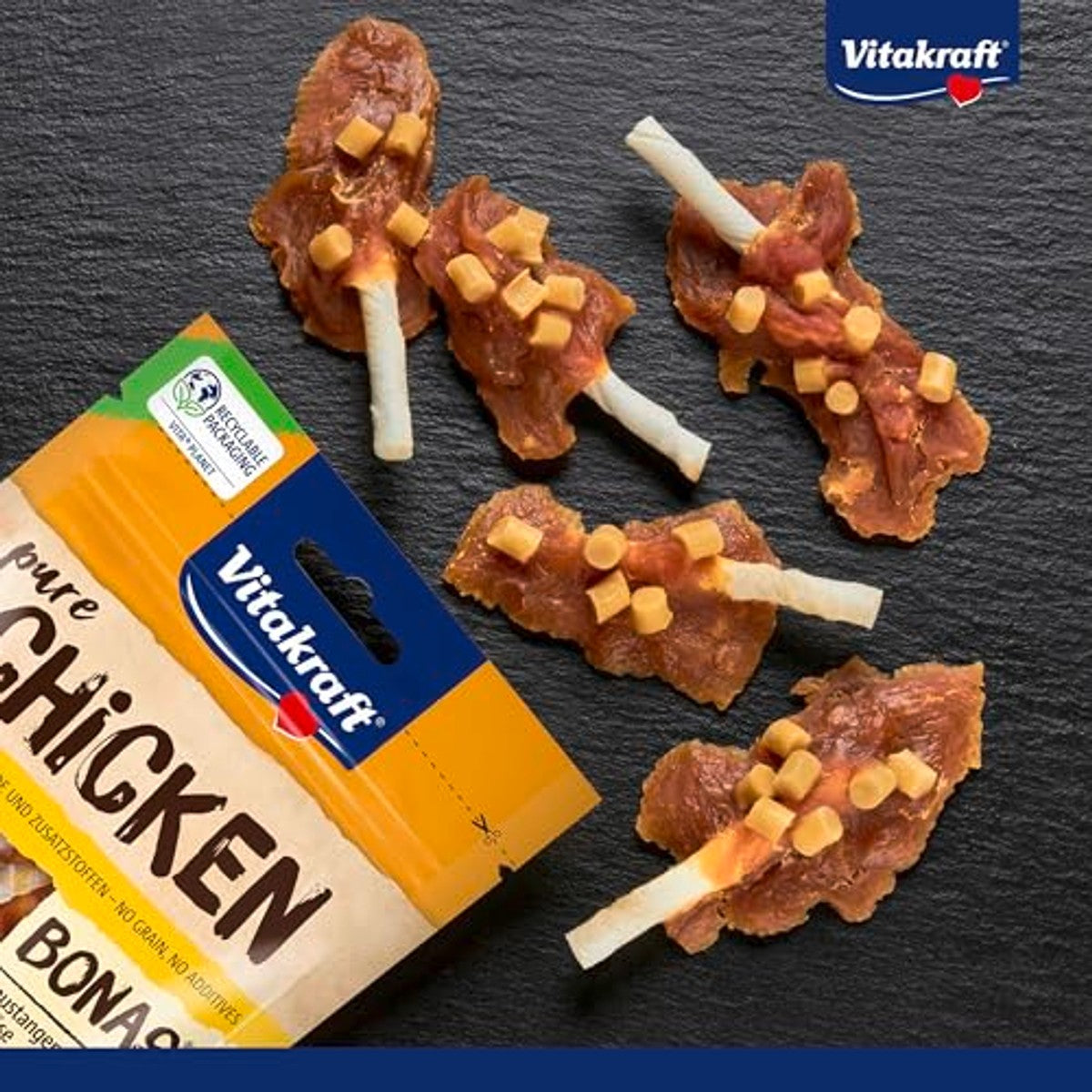 Vitakraft Pure Chicken Bonas, hondenlekkernijen, kauwstangen met kip en kaas, hondentrainingslekkernijen, zonder toegevoegde suiker (7 x 80 g) – Vitakraft