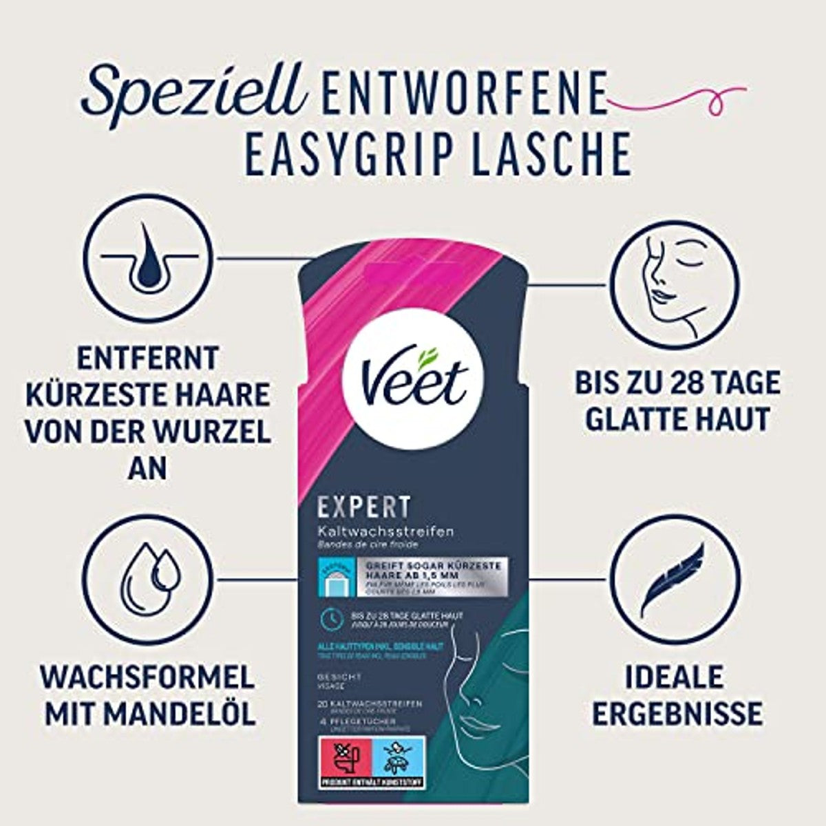 Veet Expert koudwasstrips gezicht gevoelige huid, 20 strips - 6-pack