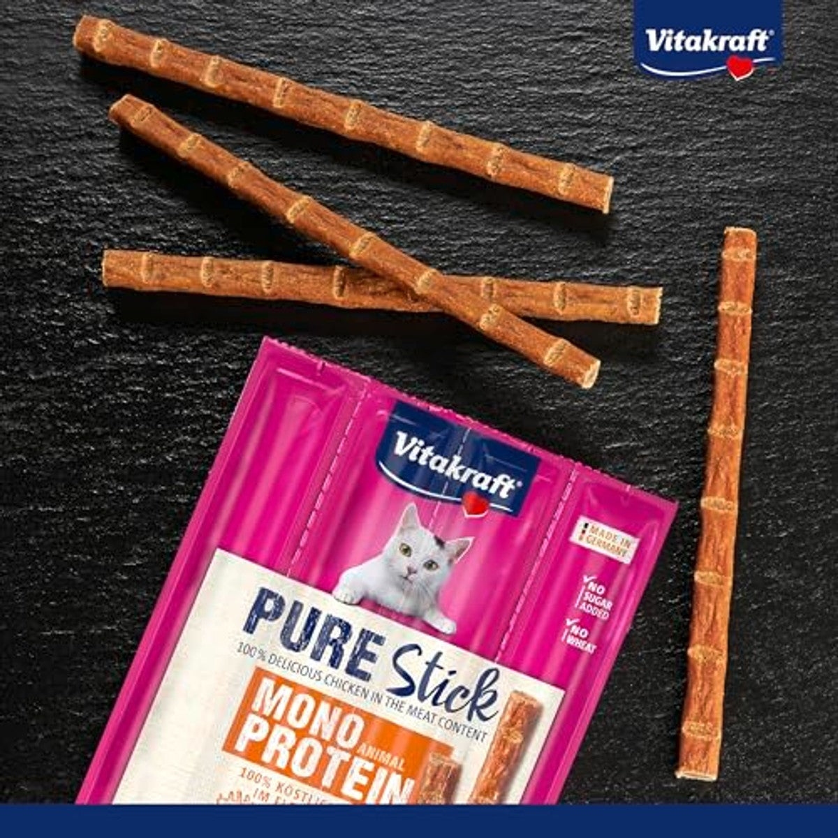 Vitakraft Pure Stick, kattenlekkernijen, vlezige stick met kip, enkele sticks, ook voor voedingsgevoelige katten, zonder toegevoegde suiker (1 x 20 g) – Vitakraft