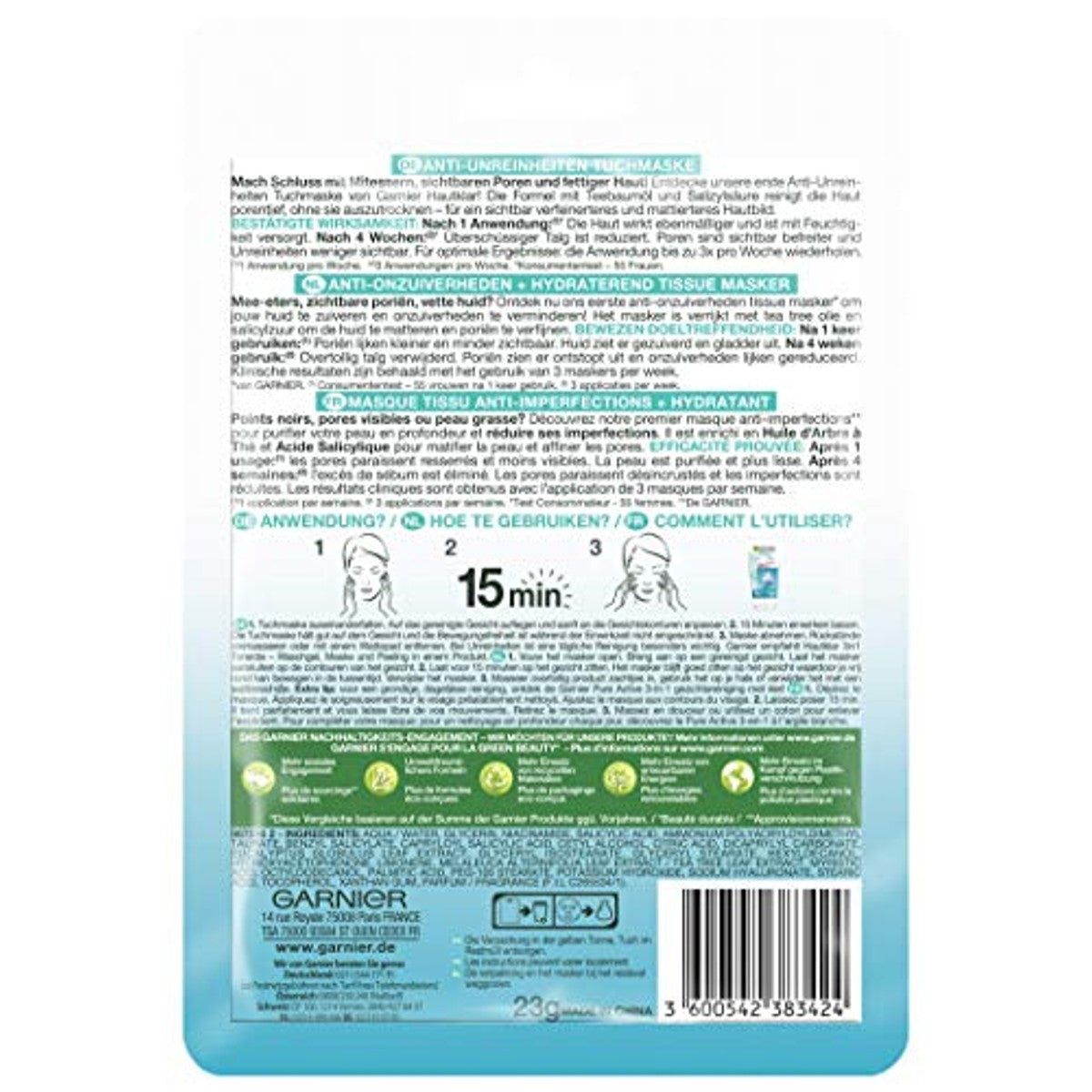 Garnier SkinActive Skin Clear Active Doekmasker 6 x 23 g - Voordeelverpakking
