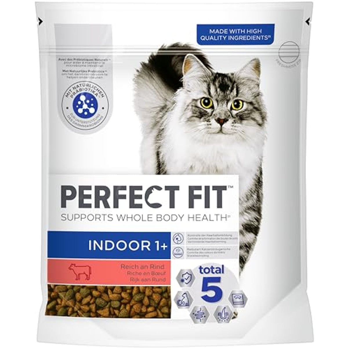 PERFECT FIT Indoor Adult droogvoer voor volwassen katten vanaf 1 jaar - rundvlees, 750 g (6 zakken) – Perfect Fit