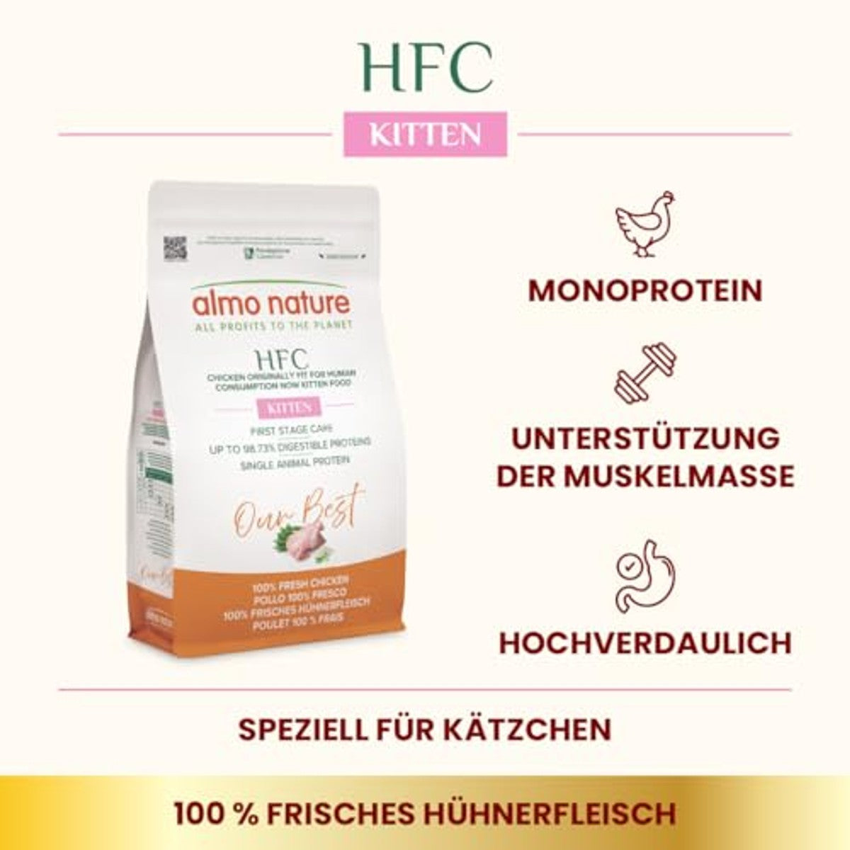 Almo Nature HFC Our Best Kitten Droogvoer voor kittens, verse kip, voor evenwichtige groei, levensmiddelenkwaliteit, glutenvrij, monoproteïne, 1,2 kg – almo nature