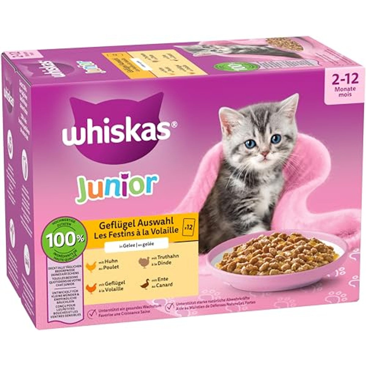WHISKAS Junior natvoer portie zak multipack, pluimvee selectie in gelei, 12 x 85g – whiskas