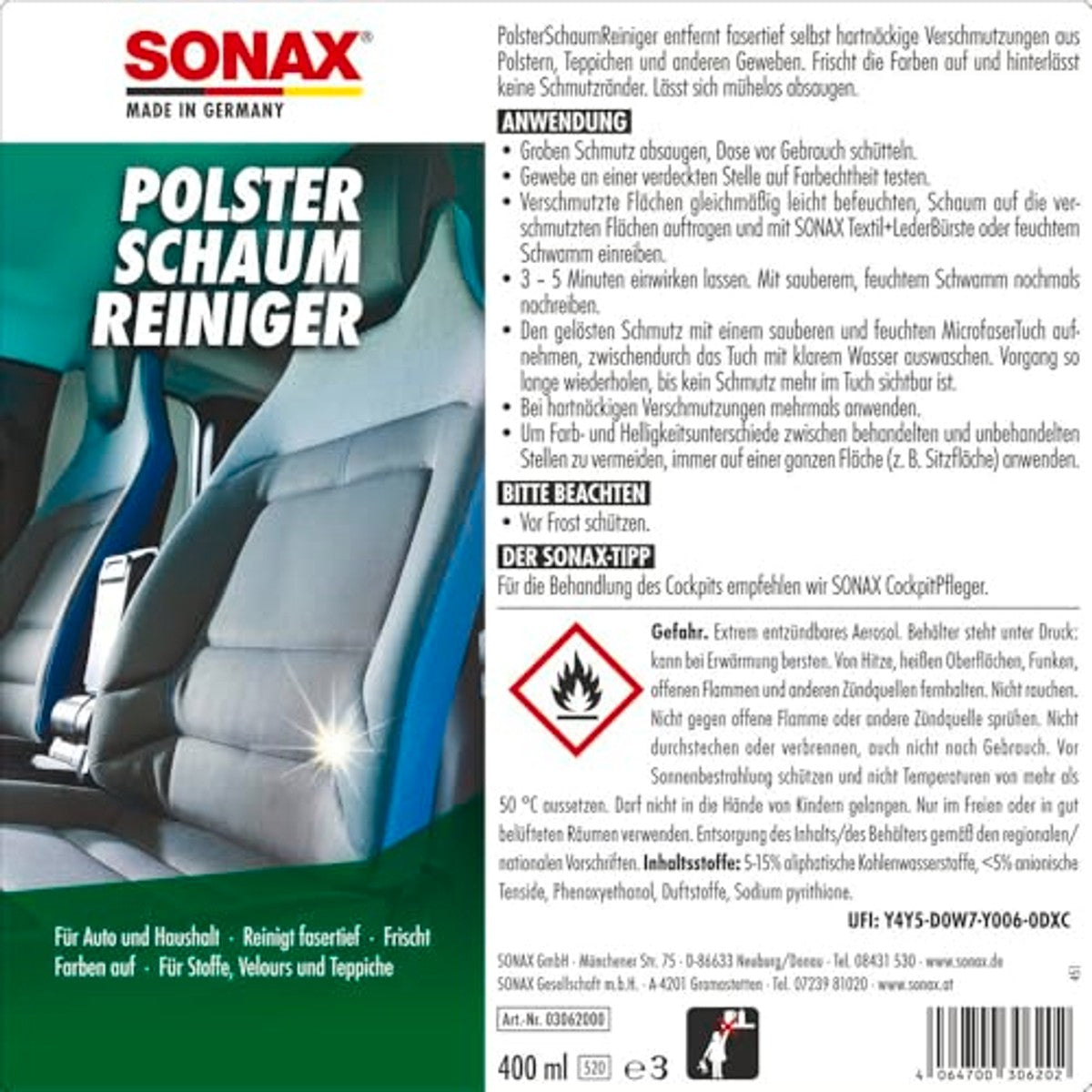 SONAX Bekledingsreiniger zonder drijfgassen 3 x 400 ml - Voordeelverpakking