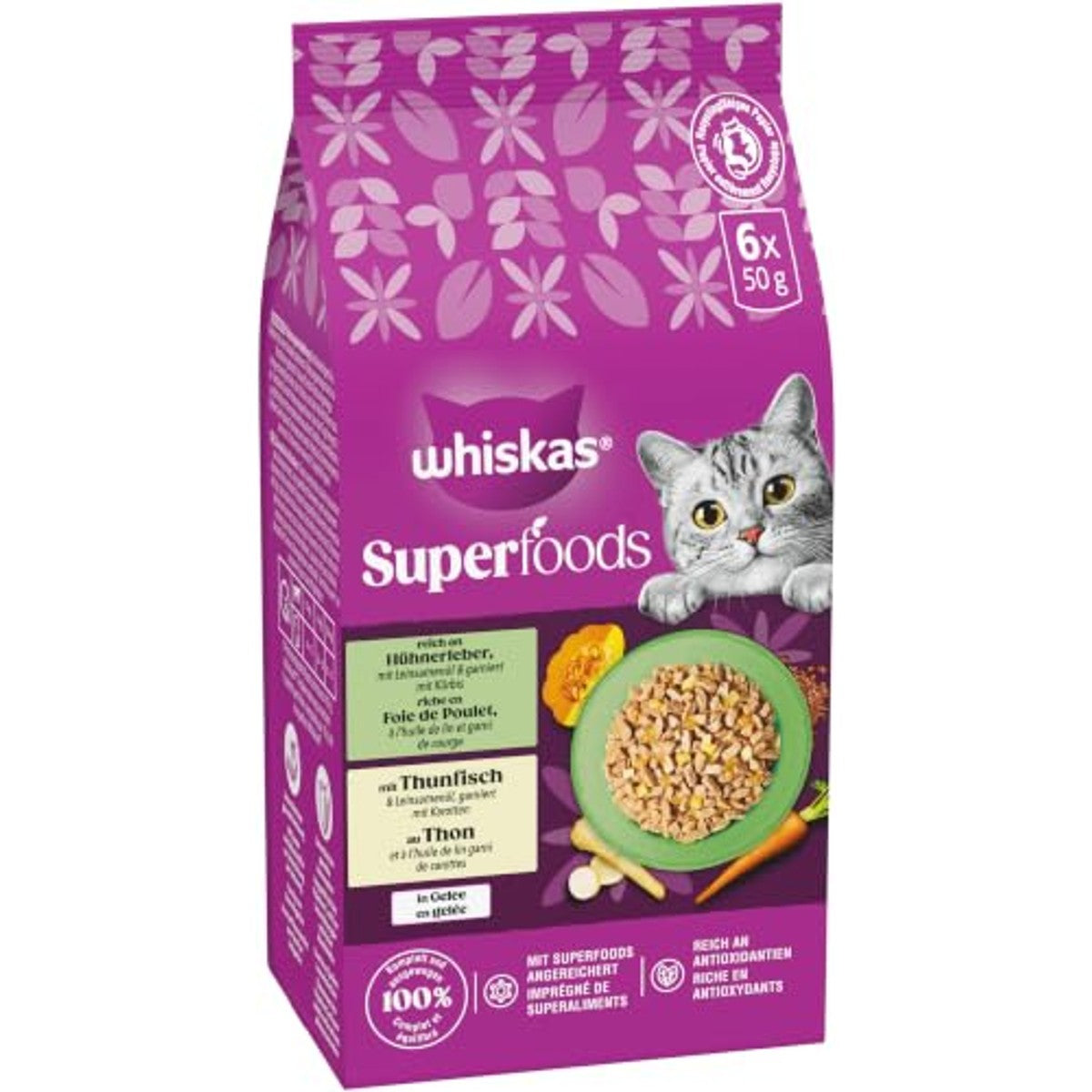 WHISKAS 1+ SUPERFOODS Fine Variety natvoer in gelei 6 x 6 x 50 g (verpakking met 36 zakjes) – whiskas
