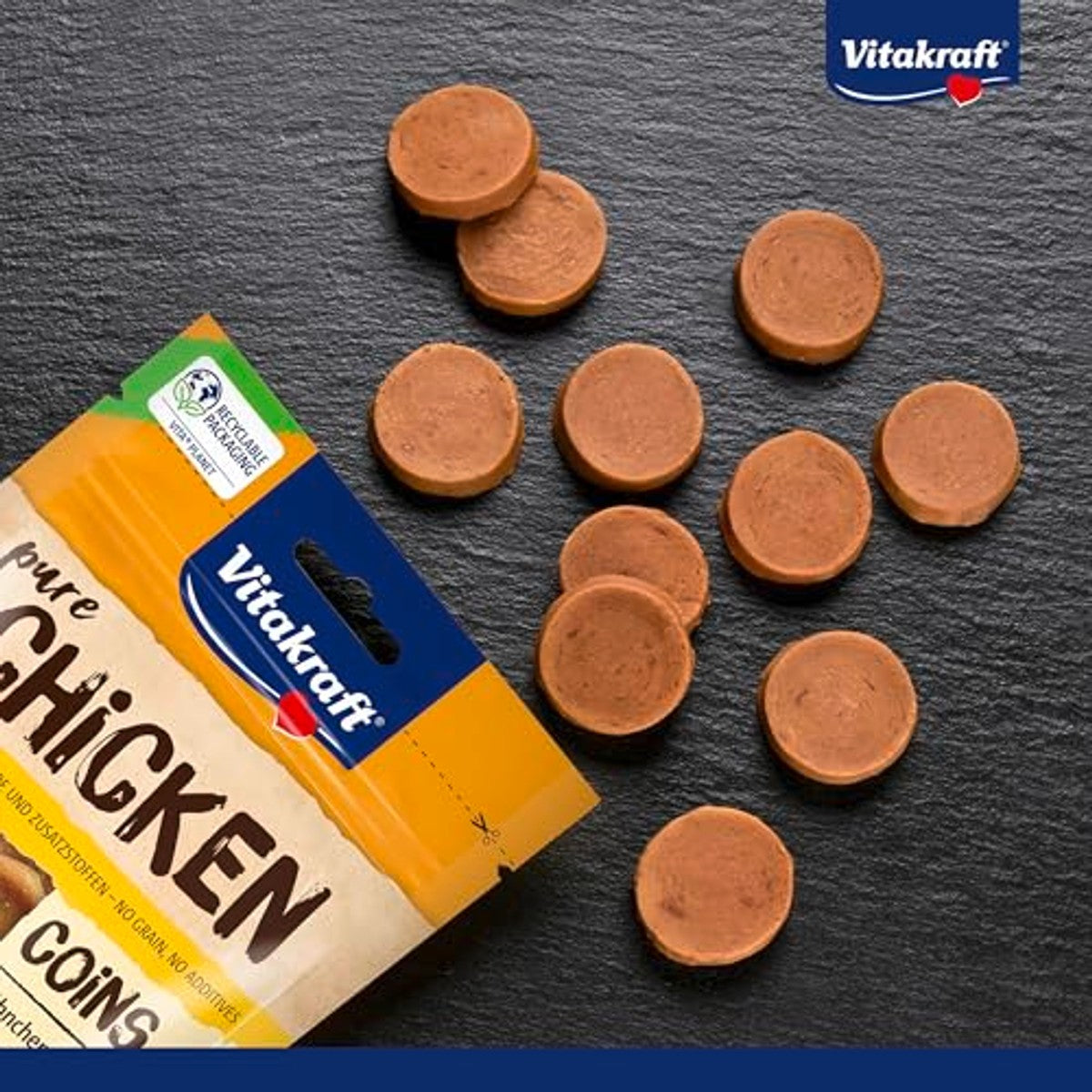 Vitakraft Pure Chicken Coins, hondenlekkernijen, kipsaler, hondentrainingslekkernijen, zonder toegevoegde suiker (8 x 80 g) – Vitakraft