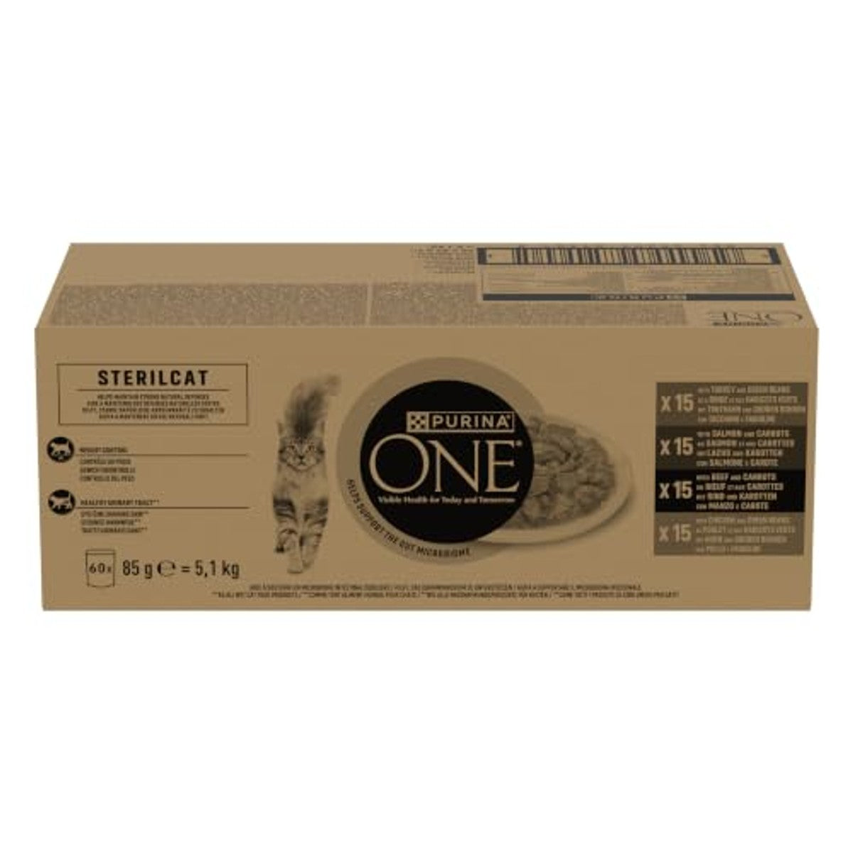 Purina One Sterilcat Sorten-Mix Katzenfutter nass mit Truthahn, Lachs, Rind und Huhn in Sauce, für sterilisierte Katzen, 60er Pack (60 x 85g) – PURINA ONE