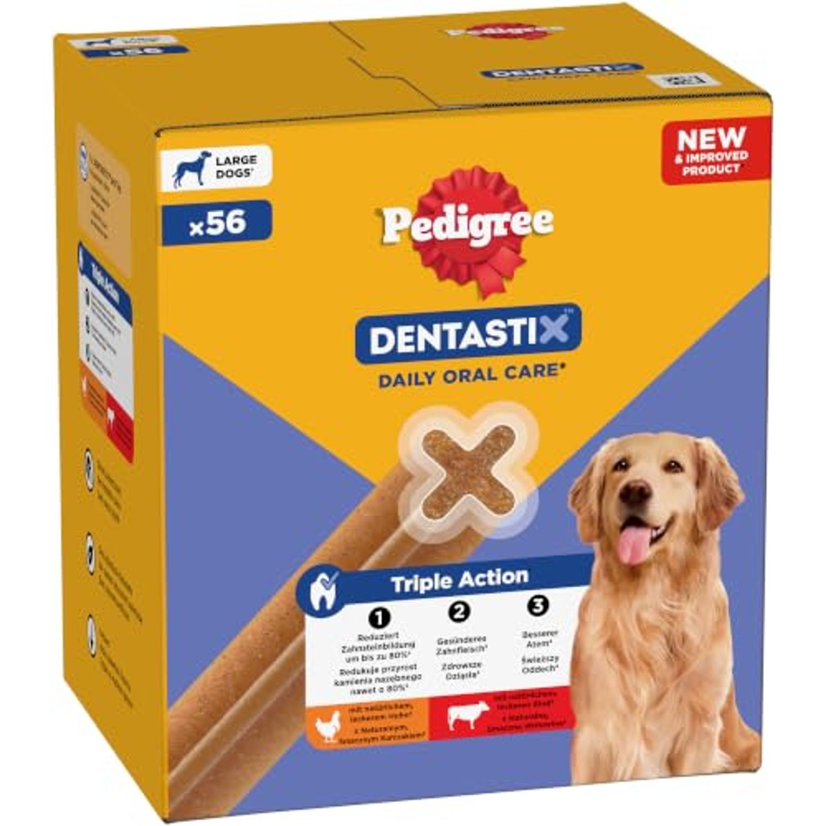 Pedigree DentaStix Hondensnack voor grote honden (25 kg+), tandverzorgingssnack met kip en rundvlees, 1 verpakking van 56 stuks (1 x 2,16 kg) – Pedigree