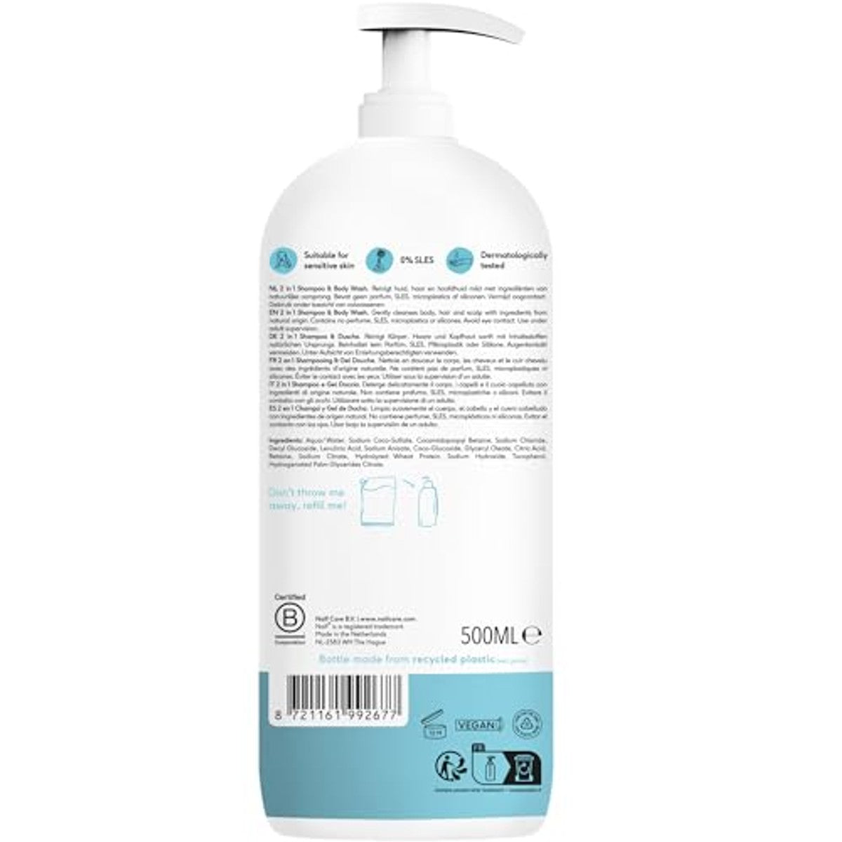 Naïf 2-in-1 Shampoo & Douchegel 0% Parfum 6 x 500 ml - Voordeelverpakking