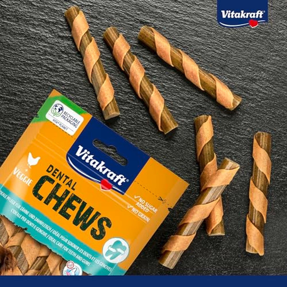 Vitakraft Dental Chews, hondenkauwbotten, kippenvlees en complex van werkzame stoffen, voor tandverzorging en mondhygiëne, zonder toegevoegde suiker (1 x 120 g) – Vitakraft