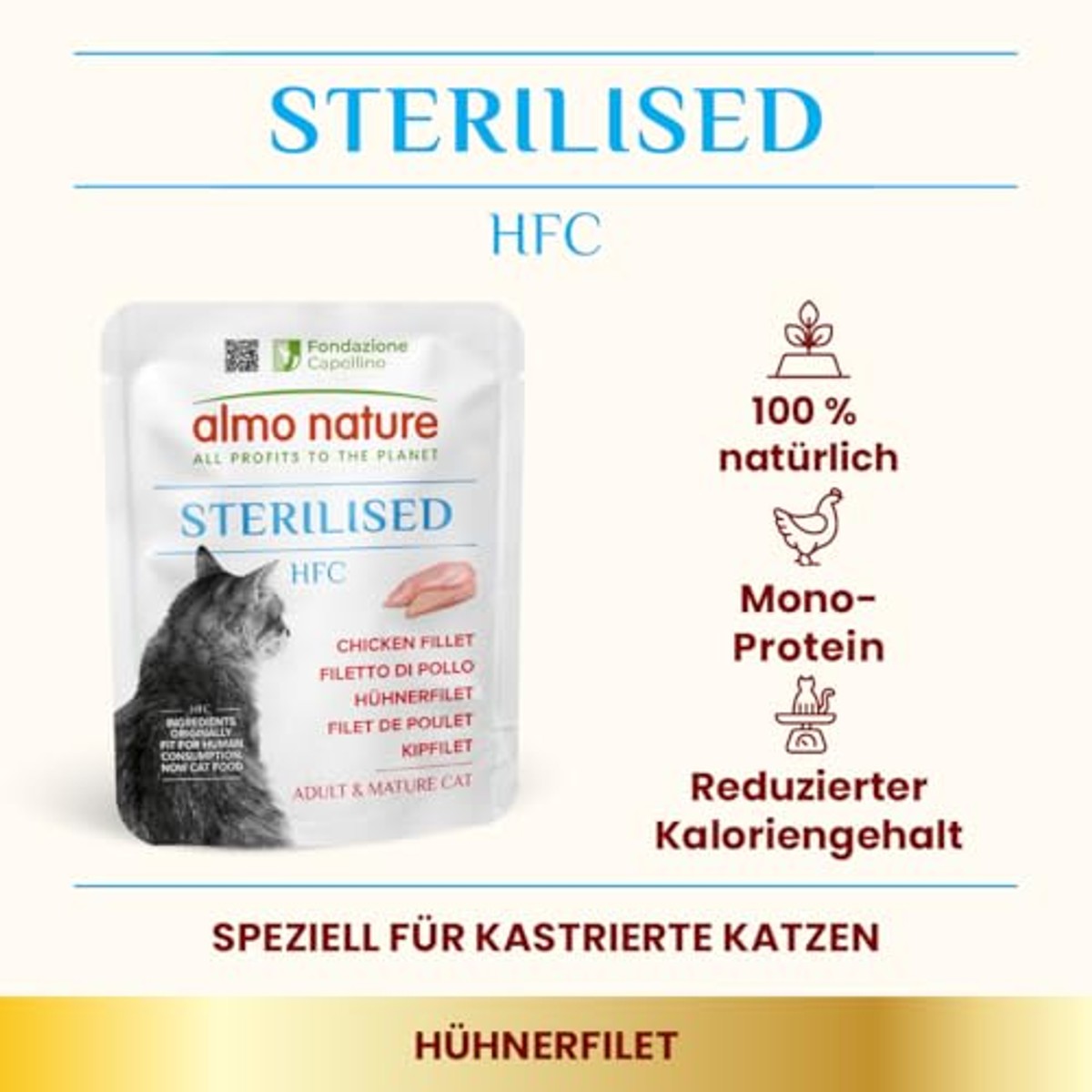 Almo Nature HFC Functional Sterilised natvoer voor volwassen katten, kippenfilet, 24 zakjes à 50 g – almo nature