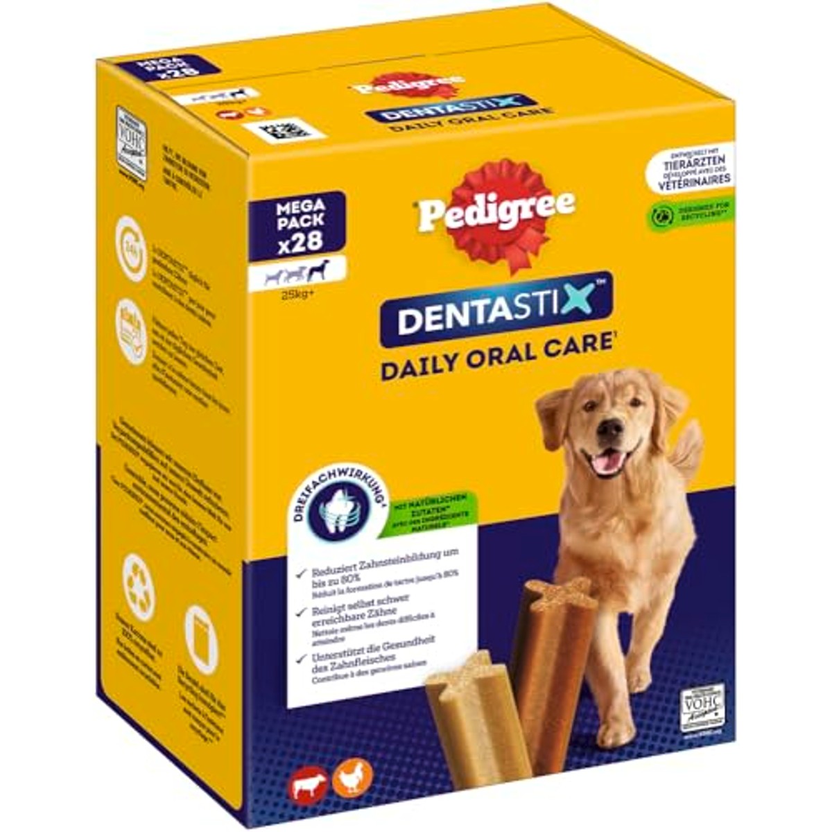Pedigree DentaStix Hondensnack voor grote honden (25 kg+), tandverzorgingssnack met kip en rundvlees, 4 verpakkingen van elk 28 stuks (4 x 1,08 kg) – Pedigree
