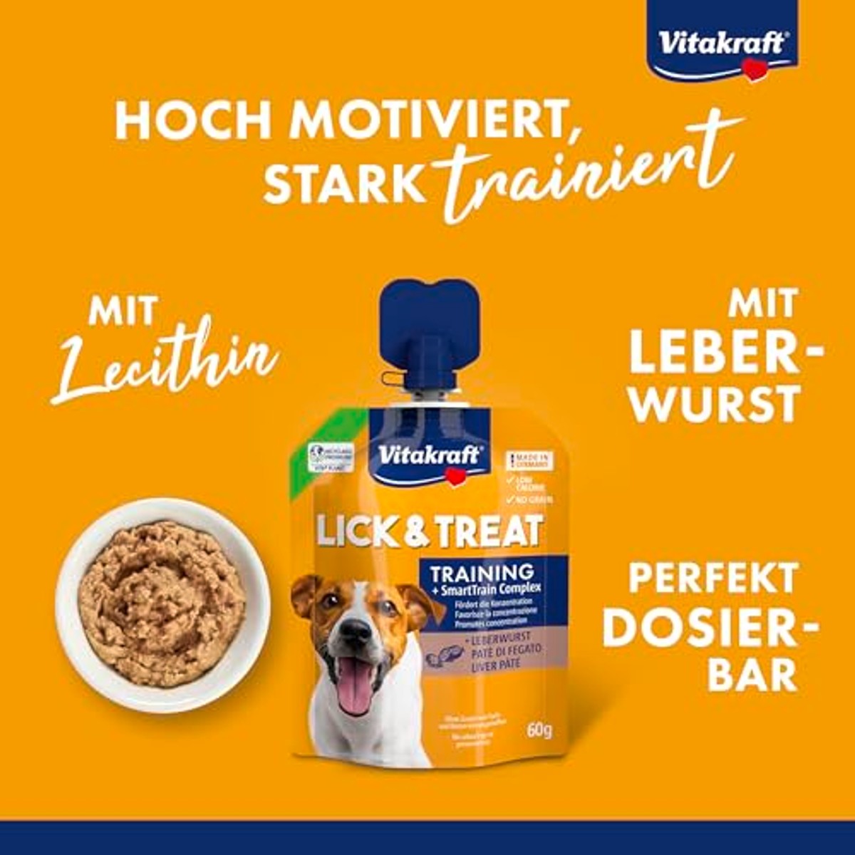 Vitakraft Lick & Snack, zachte trainingscrème in knijpvorm, met leverworst, hersluitbaar, zonder toegevoegde suiker (1 x 60 g) – Vitakraft
