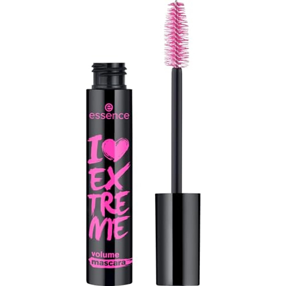 Essence I LOVE EXTREME volume mascara, nr. 01, zwart, volumegevend, zwaaigevend, verlengend, veganistisch, zonder microplasticdeeltjes, nanodeeltjes, zonder parfum, per stuk verpakt (12 ml) | Extra-große Faserbürste für sichtbar vollere – Essence Cosmetics