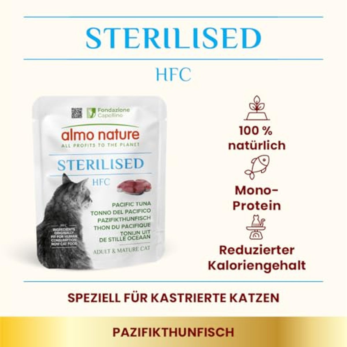 Almo Nature HFC Functional – gesteriliseerd – natvoer voor volwassen katten – Pacifische tonijn – 24 zakjes à 50 g – almo nature