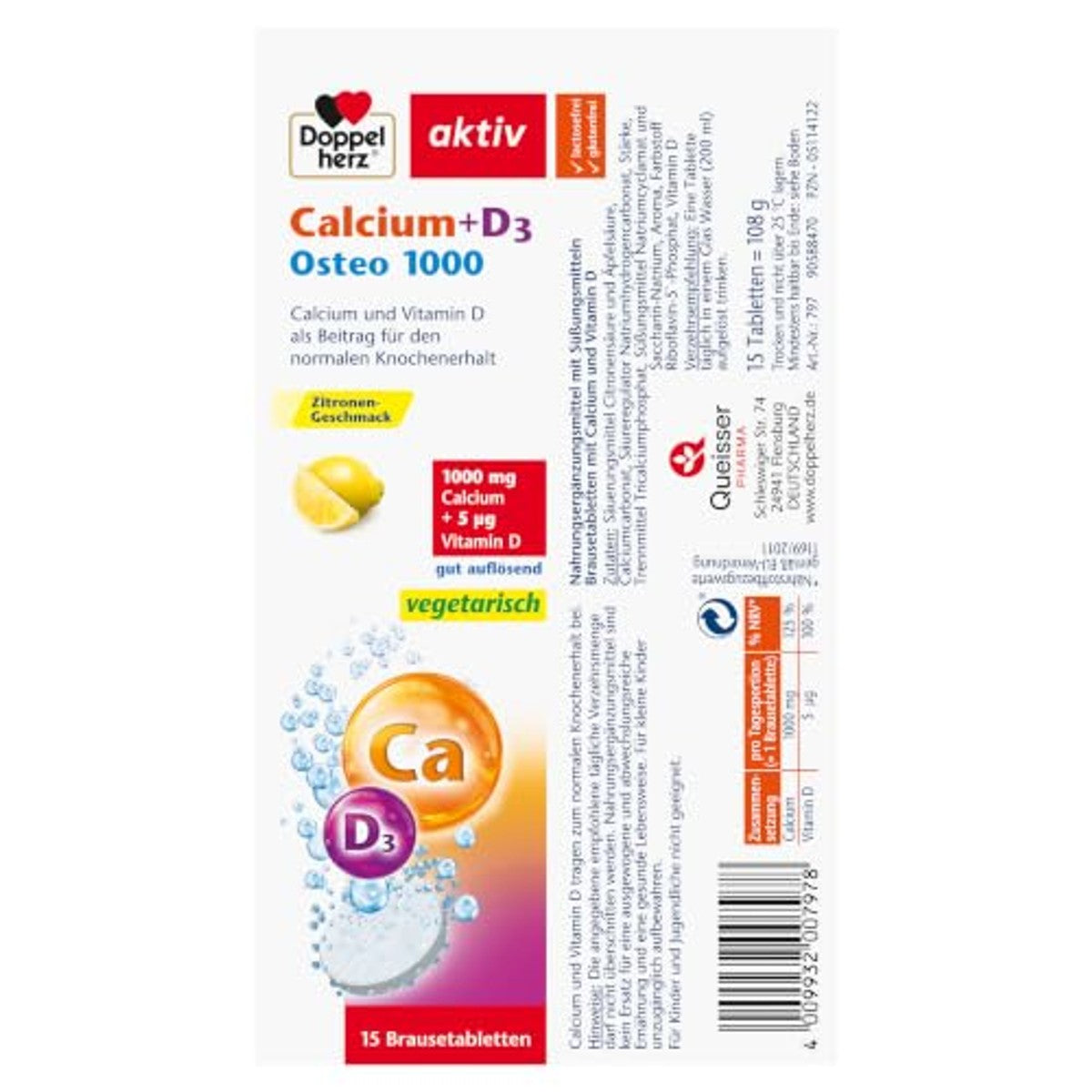 Doppelherz Calcium + D3 Osteo 1000 Citroensmaak 15 Bruistabletten - 6-pack