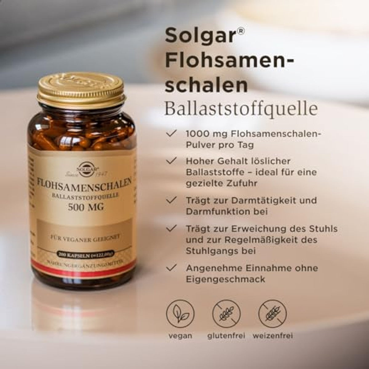 SOLGAR® vlooienzaadschillen 500 mg - bron van vezels - bevordert een gezonde darmfunctie - optimaal voor een gerichte vezeltoevoer - 100 dagen voorraad – SOLGAR