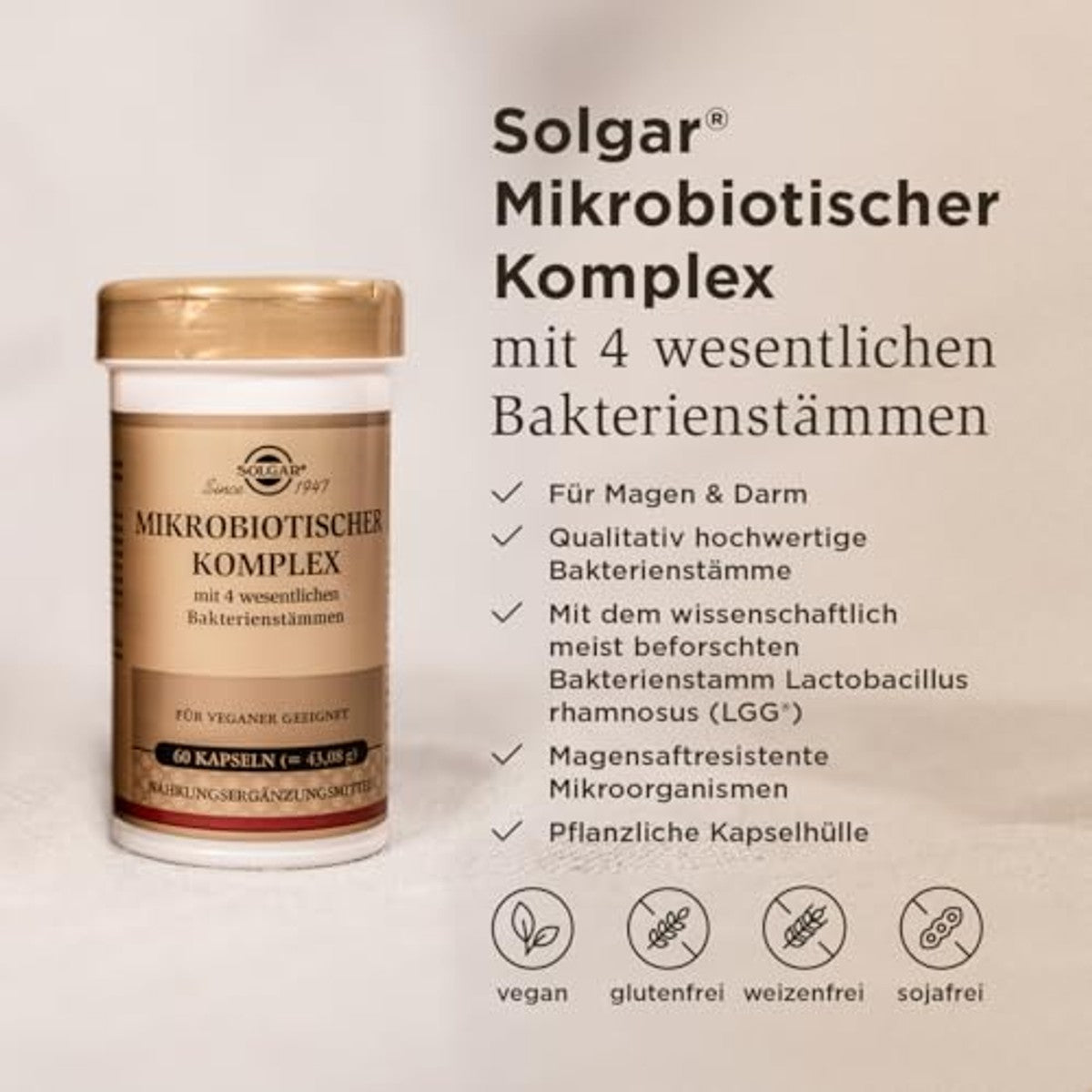 SOLGAR® Microbiologisch complex, met 4 essentiële bacteriestammen, voor het maag-darmsysteem, 60 veganistische en maagsapresistente capsules – SOLGAR
