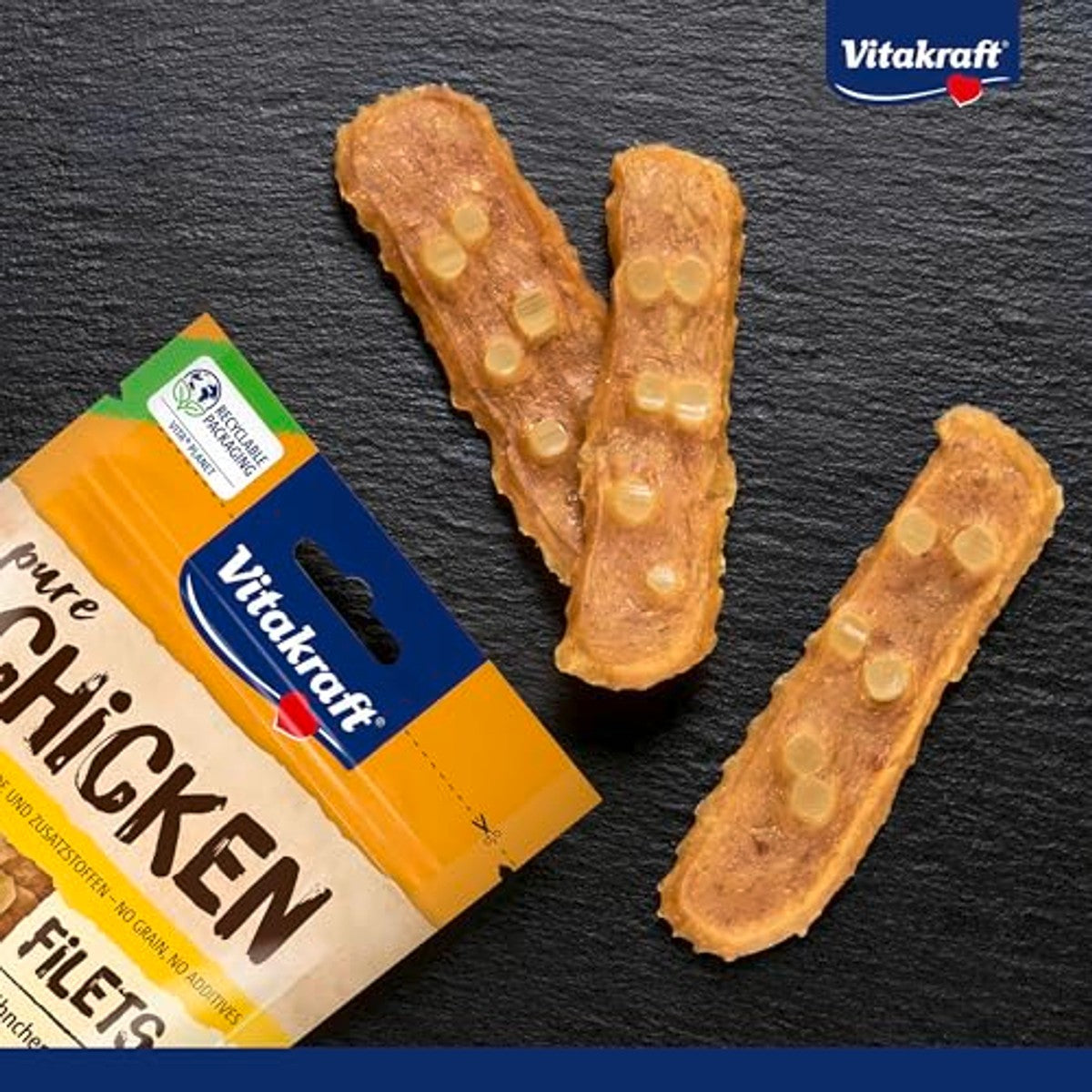 Vitakraft Pure Chicken Filets, hondenlekkernijen, kippenfilet met kaas, hondentraining, zonder toevoeging van suiker (9 x 80 g) – Vitakraft