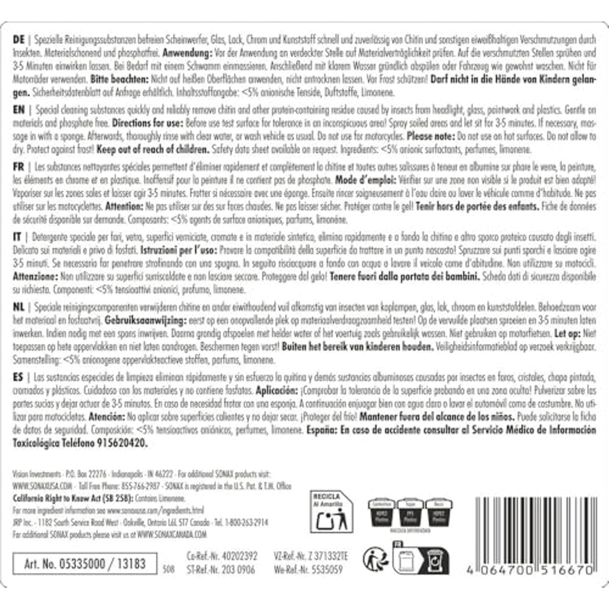 SONAX Insectenverwijderaar 3 x 5 liter - Voordeelverpakking