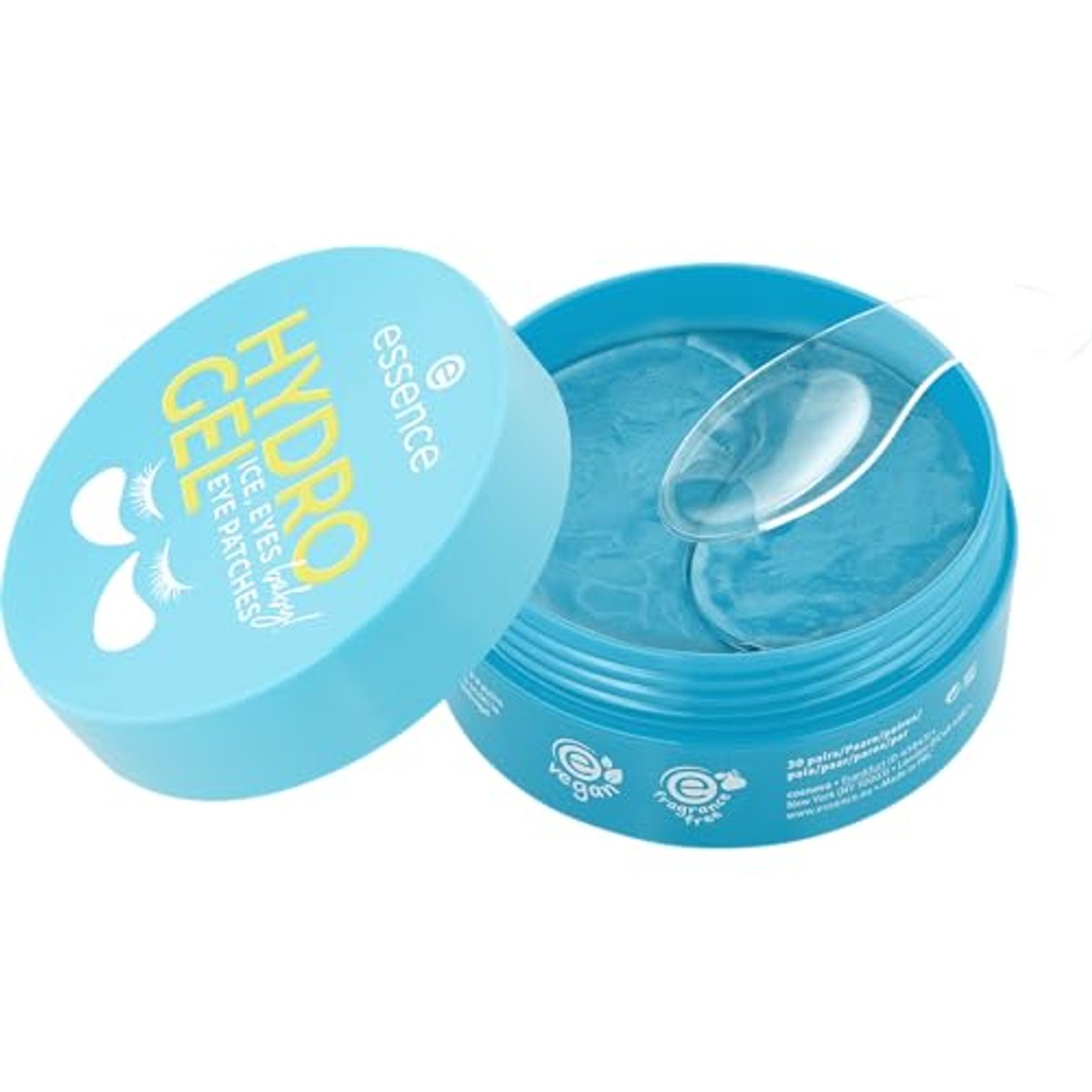 essence HYDRO GEL eye patches ICE, EYES, baby! 30 paar, oogverzorging, blauw, hydraterend, verkoelend, glinsterend, veganistisch, olievrij, zonder parfum, zonder alcohol, per stuk verpakt (90g) – Essence Cosmetics