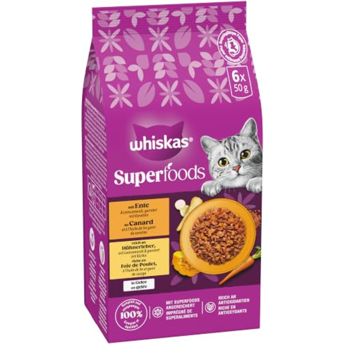 WHISKAS 1+ SUPERFOODS gevogelte, natvoer in gelei, 6 x 6 x 50 g (verpakking met 36 zakjes) – whiskas
