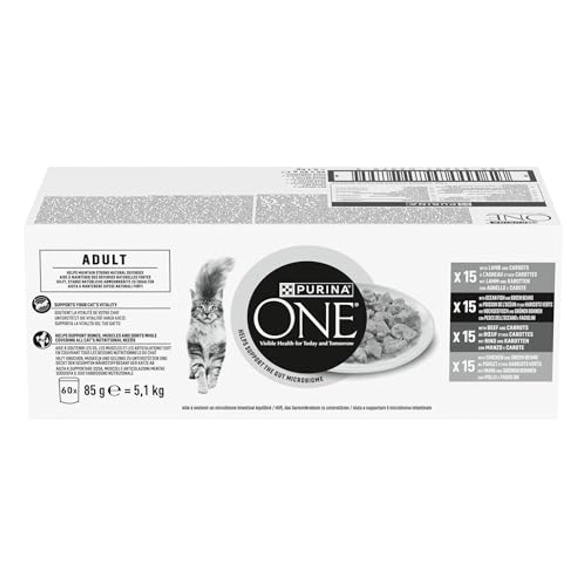 Purina One Adult rassenmix kattenvoer nat met kip, rundvlees, lam en hoogzeevis in saus, voor meer vitaliteit, verpakking van 60 stuks (60 x 85 g) – PURINA ONE