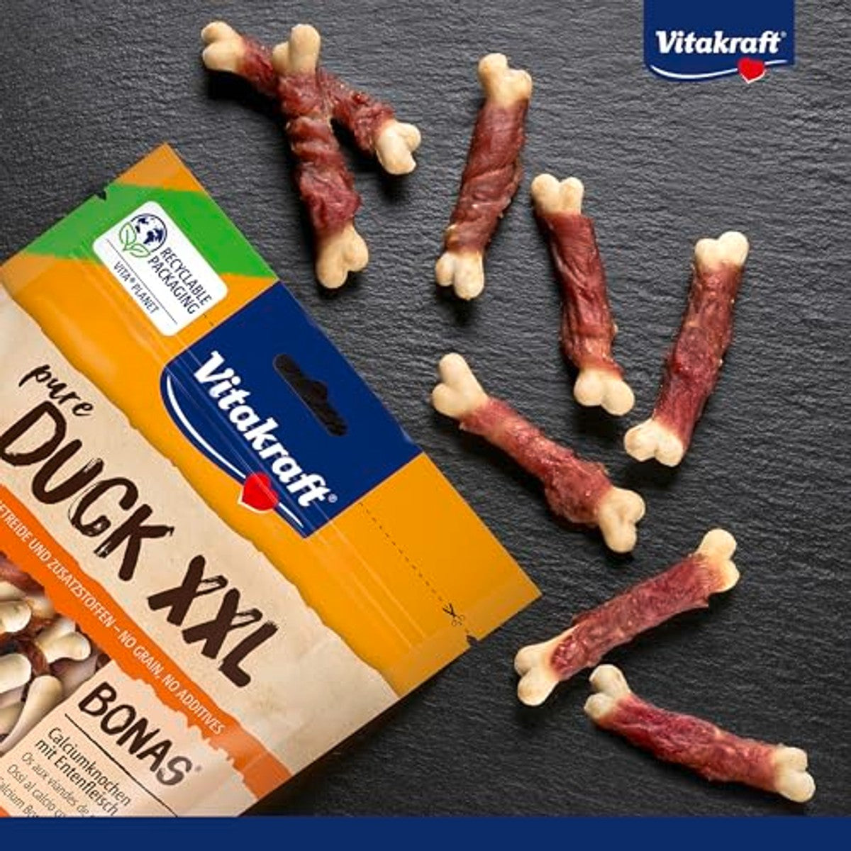 Vitakraft Pure Duck XXL Bonas, hondenlekkernijen, calciumbotten met eendenvlees, hondentraining, zonder toevoeging van suiker (8 x 200 g) – Vitakraft