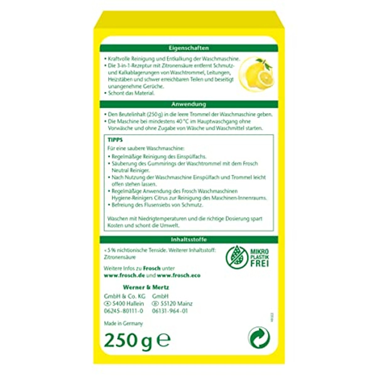 FROSCH Citrus wasmachine hygiëne reiniger 6 x 250 g - Voordeelverpakking