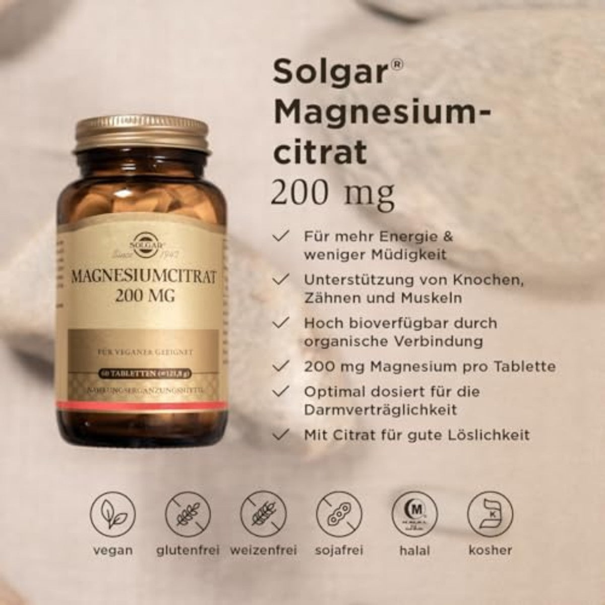 SOLGAR Magnesiumcitraat 200 mg | Voor energie, psyche en spieren | Hoge biologische beschikbaarheid | 60 veganistische tabletten – SOLGAR