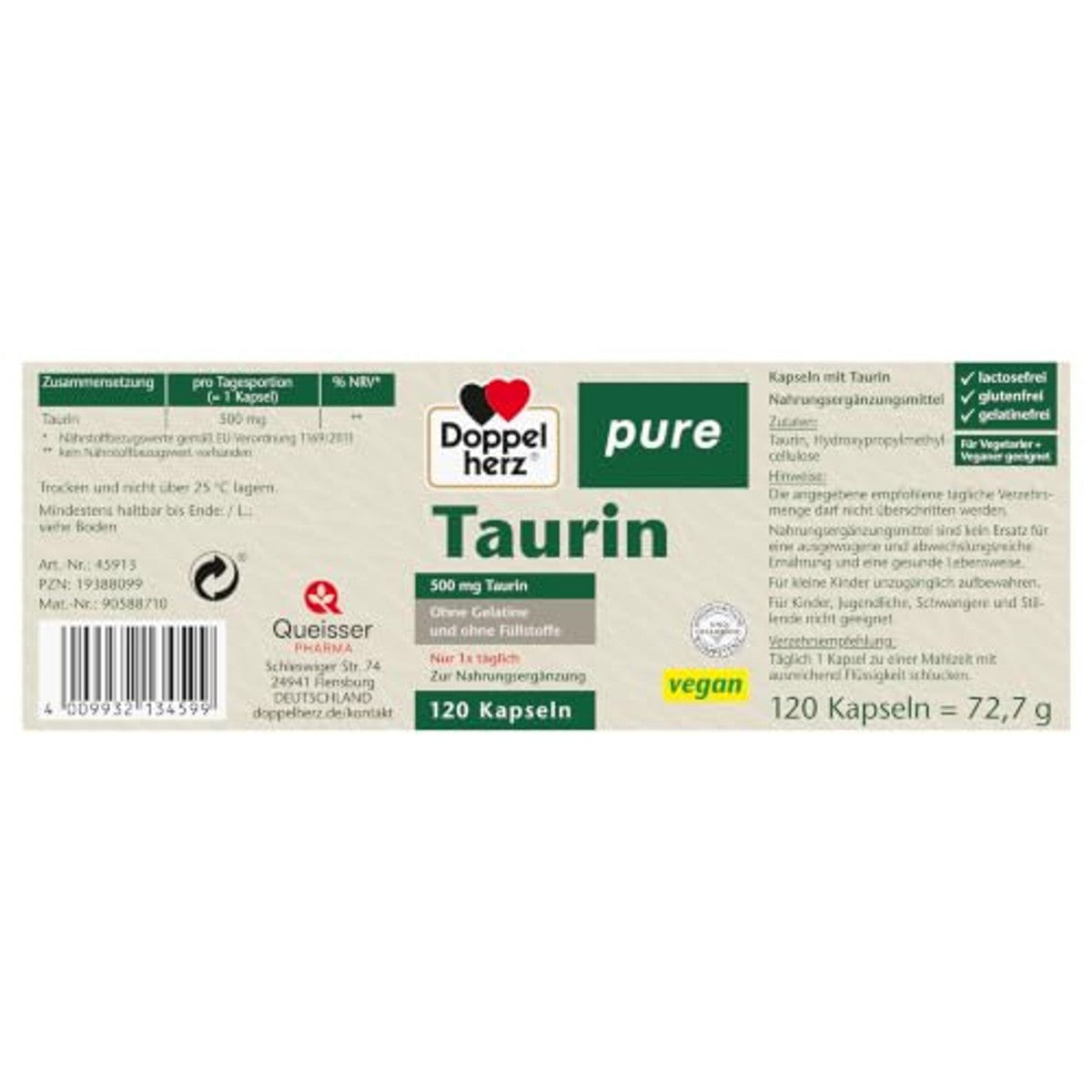 Doppelherz Pure Taurine Voedingssupplement 120 Capsules - 3-pack