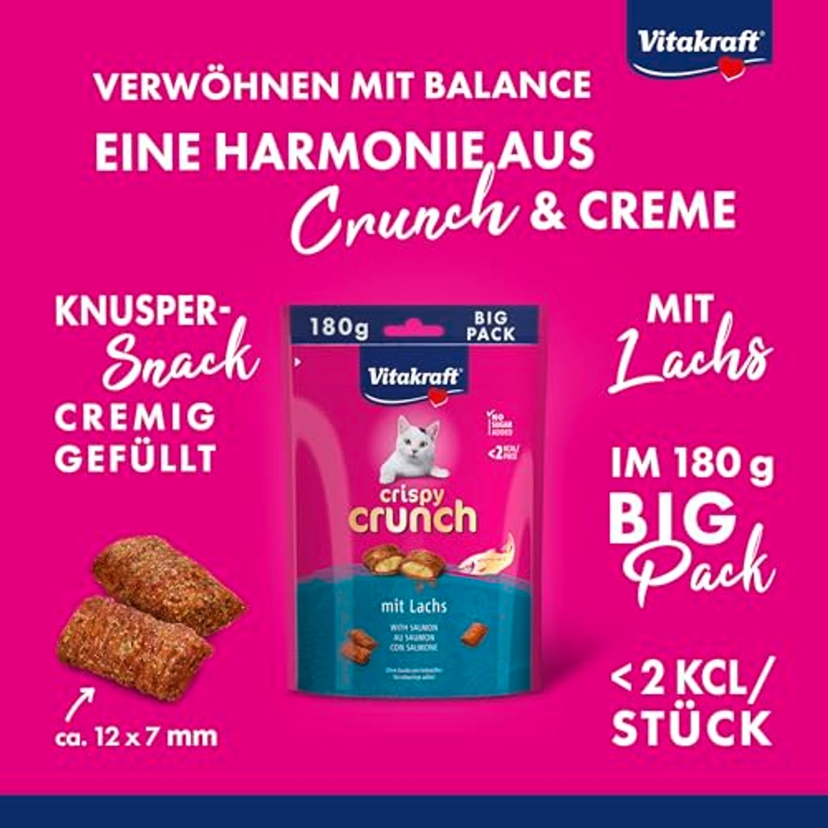 Vitakraft Crispy Crunch, kattenlekkernijen, knapperige kattensnack gevuld met zalm, in hersluitbare Big Pack, zonder toevoeging van suiker (1 x 180 g) – Vitakraft