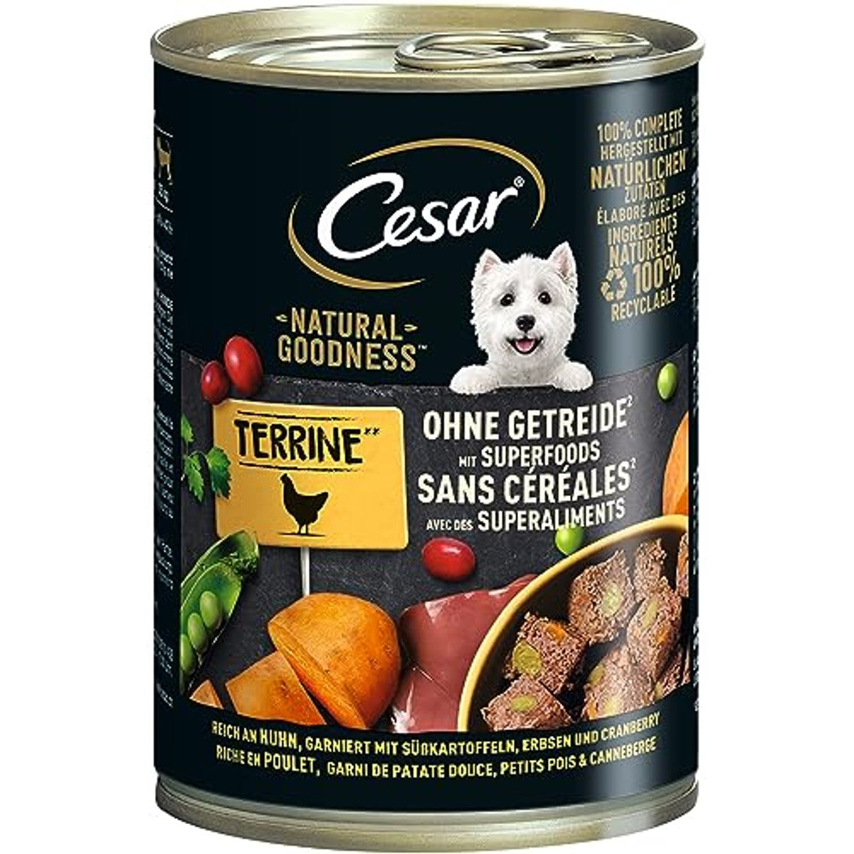 Cesar Adult hondenvoer Natural Goodness, 6 x 400 g, uitgebalanceerd premium hondenvoer nat, rijk aan kip, gemaakt met natuurlijke ingrediënten – Cesar