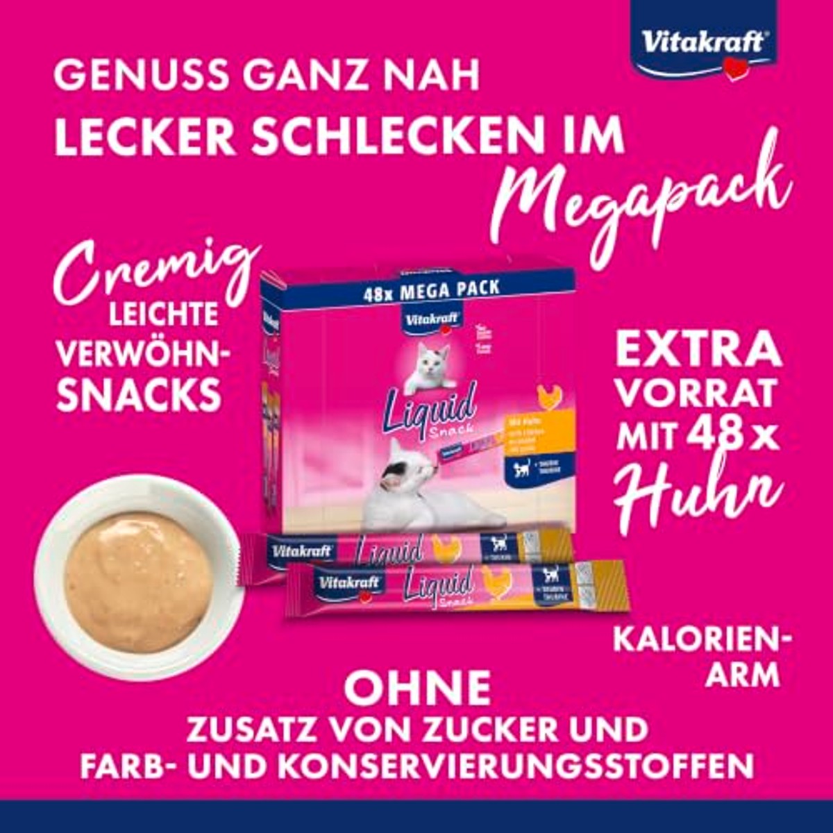 Vitakraft Vloeibare snack voor katten, kattenlekkernijen in mega-verpakking (48 x 15 g), romige textuur, met kip, 1 voorraadverpakking – Vitakraft