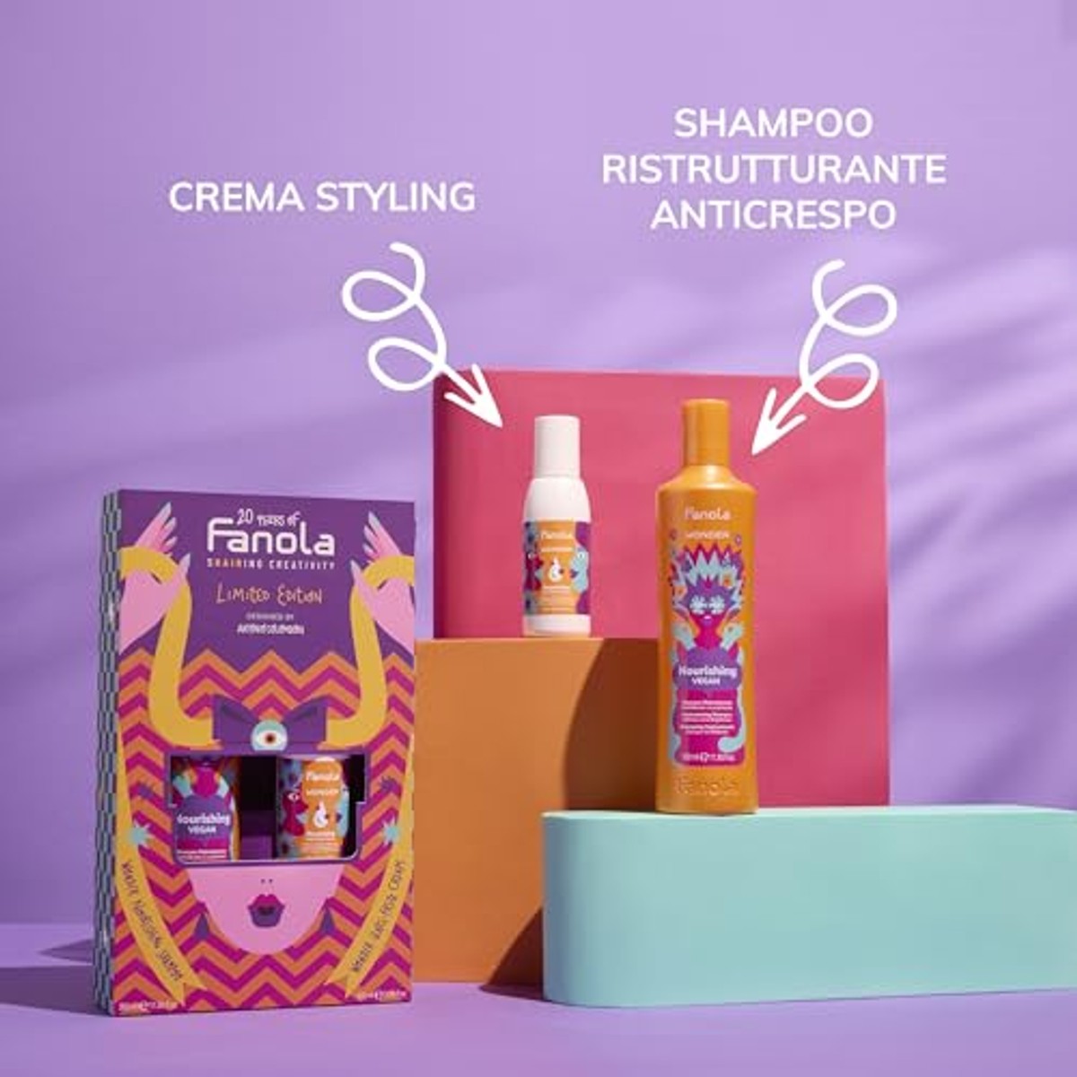 Fanola Limited Edition Wonder Nourishing Kit, Aufbau-Shampoo für Weichheit und Glanz, 350 ml, SLS/SLES Free + Glättungscreme gegen Frizz, 100 ml, entworfen von Antonio Colomboni – FANOLA