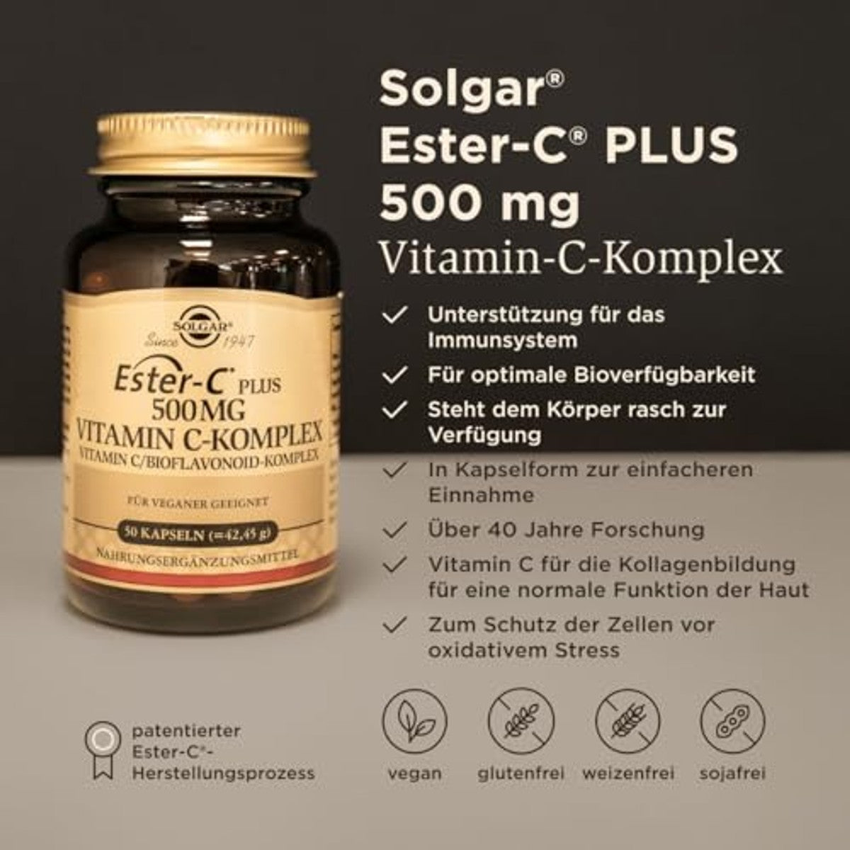 SOLGAR® Ester-C Plus (500 mg) - Vitamine C-complex met gepatenteerde Ester-C®, citrus bioflavonoïden, acerola-extract, rozenbottelpoeder en rotin - 50 veganistische capsules – SOLGAR