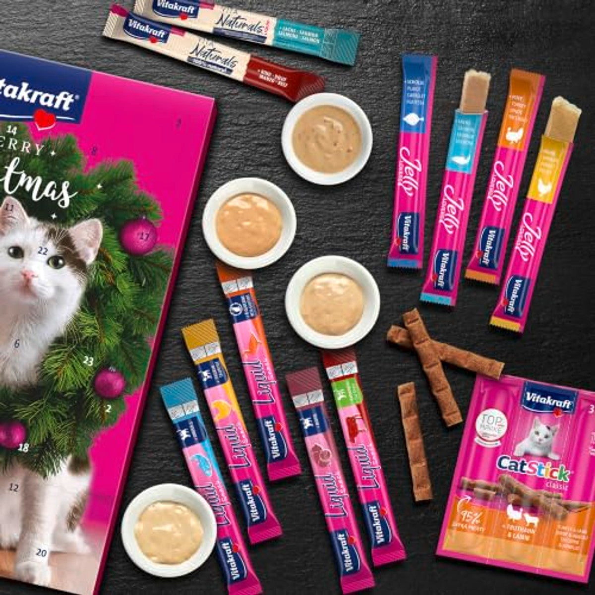 Vitakraft Adventskalender voor katten, voor Kerstmis 2024, liefdevol samengestelde selectie lekkere snacks, voor de periode vóór Kerstmis, kattenlekkernijen, voor alle leeftijden (1 x 363 g) – Vitakraft