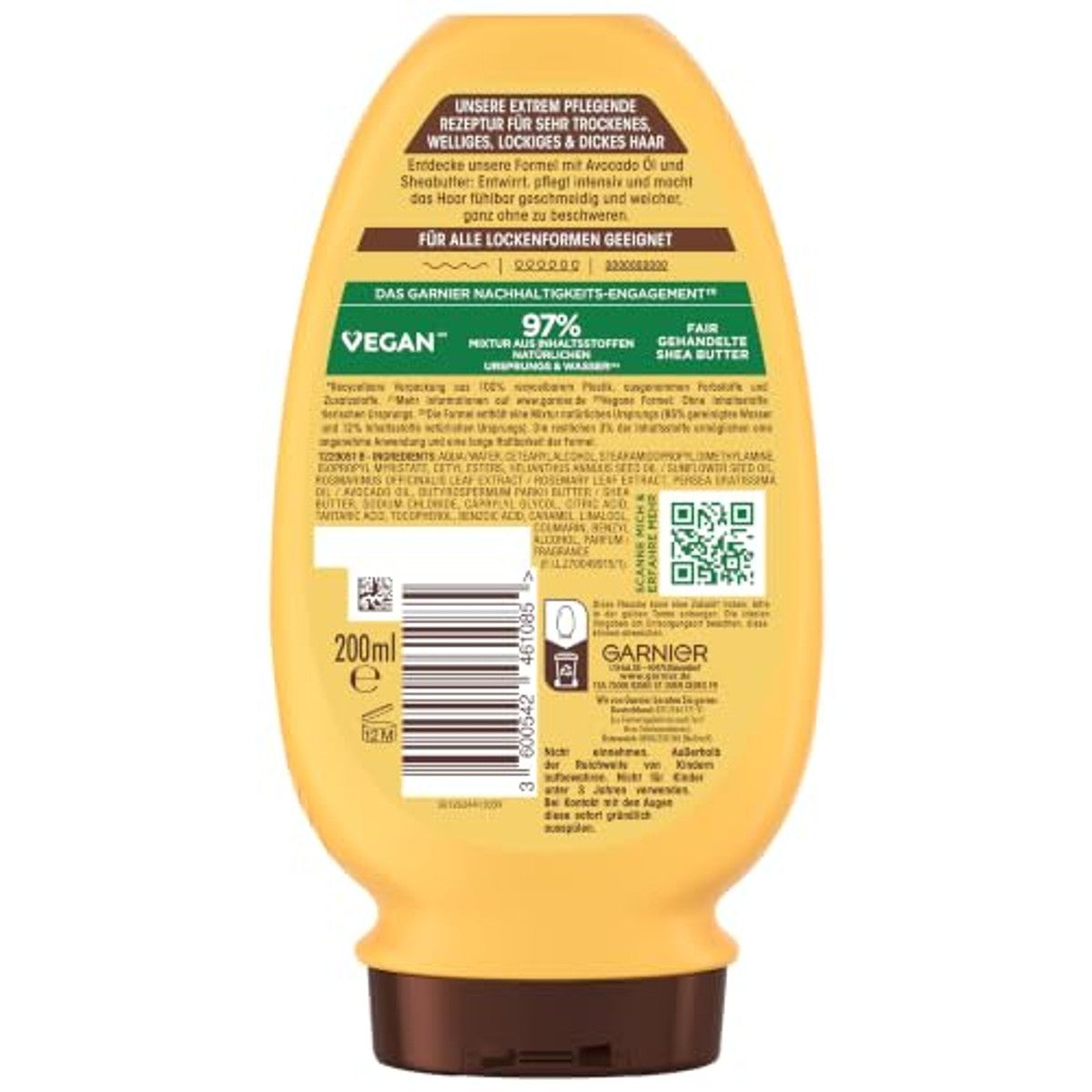 Garnier Echte schatten, intensieve voedende spoeling, avocado-olie & sheaboter voor zeer droog, golvend, krullend en dik haar, voor meer soepelheid, zonder te verzwaren, 1 x 200 ml – Garnier