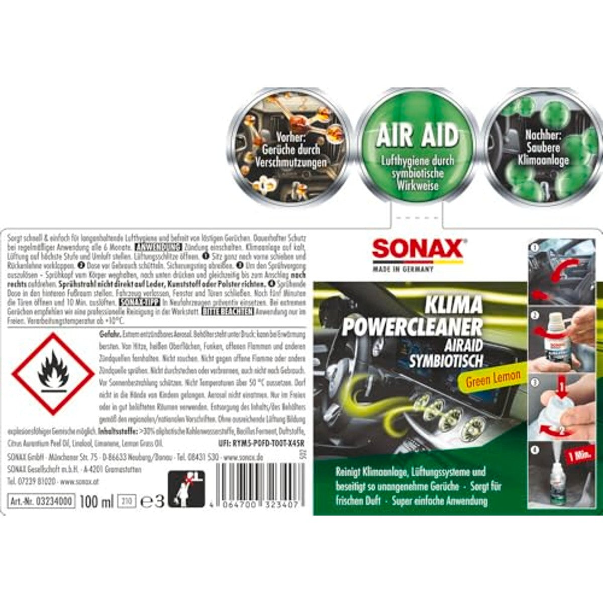 SONAX KlimaPowerCleaner AirAid Green Lemon 6 x 100 ml - Voordeelverpakking