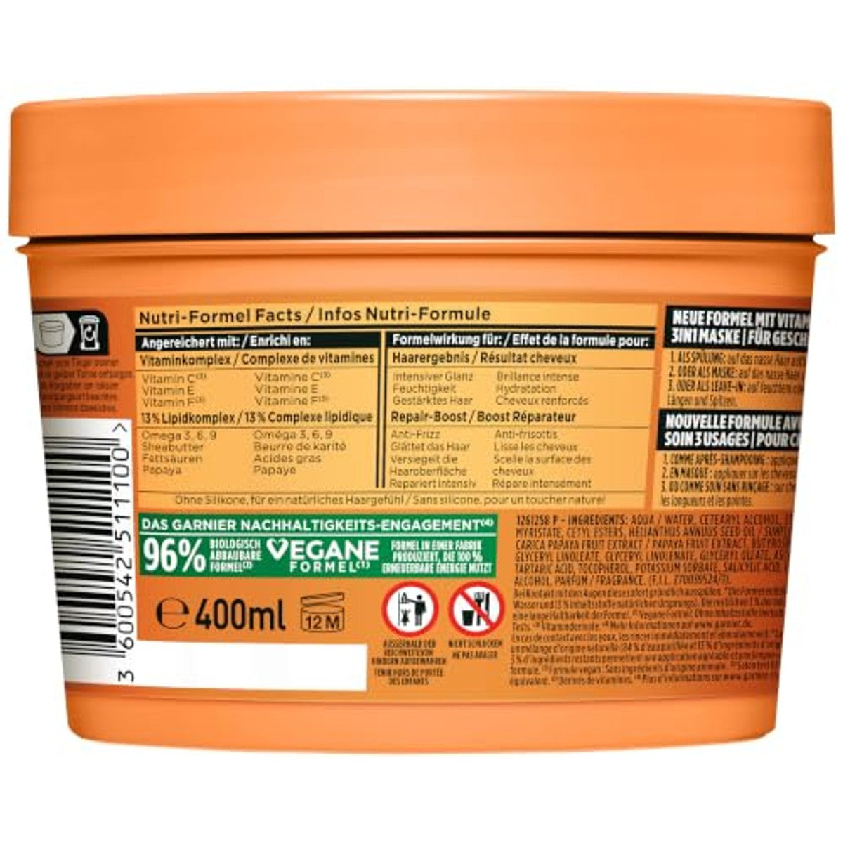 Garnier Fructis Papaya Hair Food 3-in-1 Haarmasker 3 x 400 ml - Voordeelverpakking