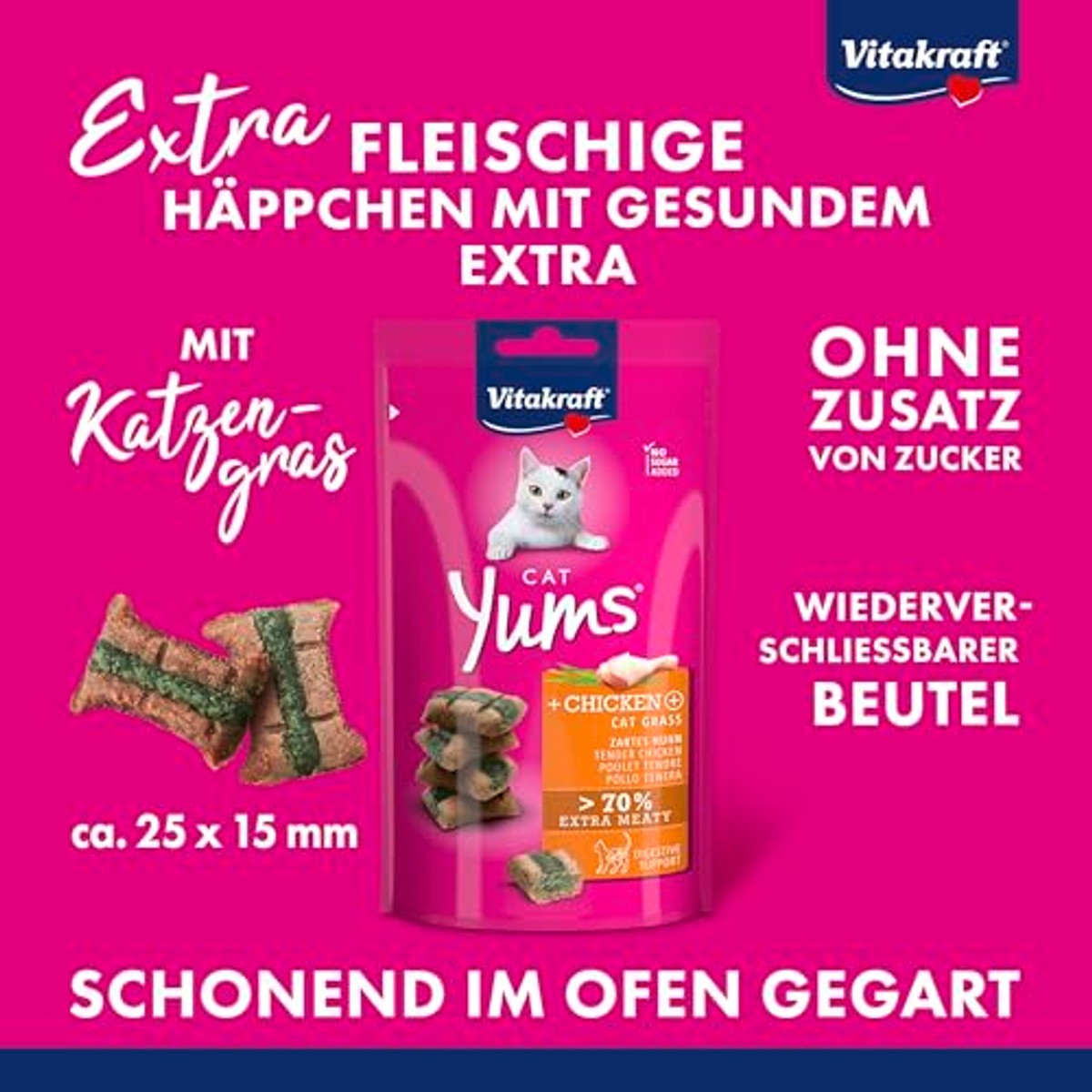 Vitakraft Cat YUMS, kattenlekkernijen, zachte kattensnack gevuld met kip en kattengras, in hersluitbare zak, zonder toegevoegde suiker (1 x 40 g) – Vitakraft
