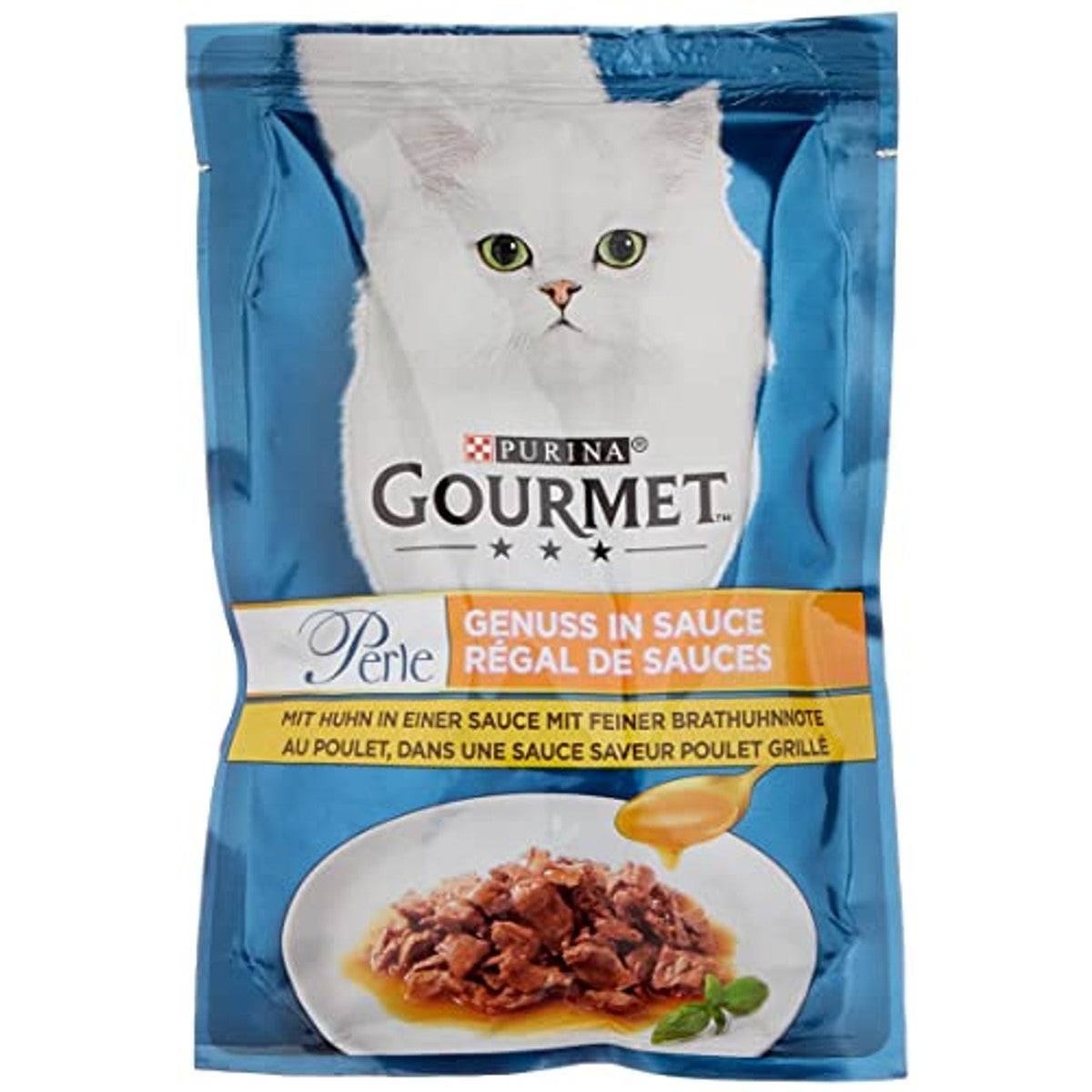 PURINA GOURMET Perle Genuss in Sauce kattenvoer, nat, met kip, 26 stuks (26 x 85 g) & parel Duetto kattenvoer nat, met kalf en eend, verpakking van 26 stuks (26 x 85 g) – PURINA GOURMET