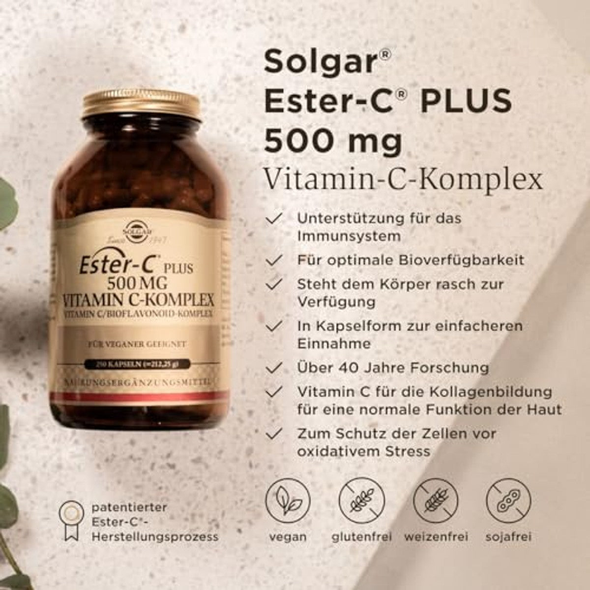 SOLGAR® Ester-C Plus (500 mg) | Vitamine C-complex met gepatenteerde Ester-C®, citrus bioflavonoïden, acerola-extract, rozenbottelpoeder en rotin | 250 veganistische capsules – SOLGAR
