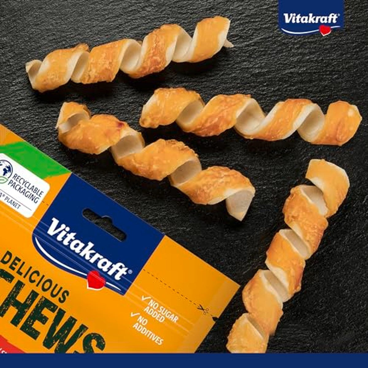 Vitakraft Delicious Chews, Hondenkauwbotten, kauwspiraal van runderhuid omwikkeld met kippenvlees, voor bezigheid, zonder toegevoegde suiker (1 x 100 g) – Vitakraft