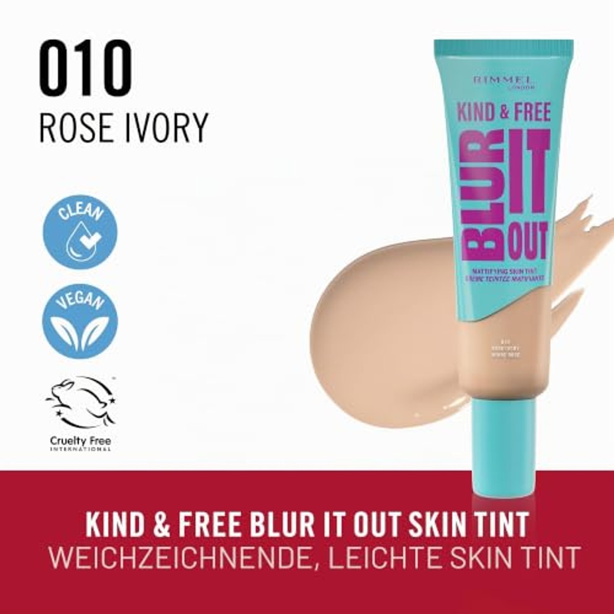 Rimmel London Kind & Free Blue It Out Matte teint, 010 Rose Ivory, glanscontrole, lichte matte afwerking, 30 ml – Rimmel London