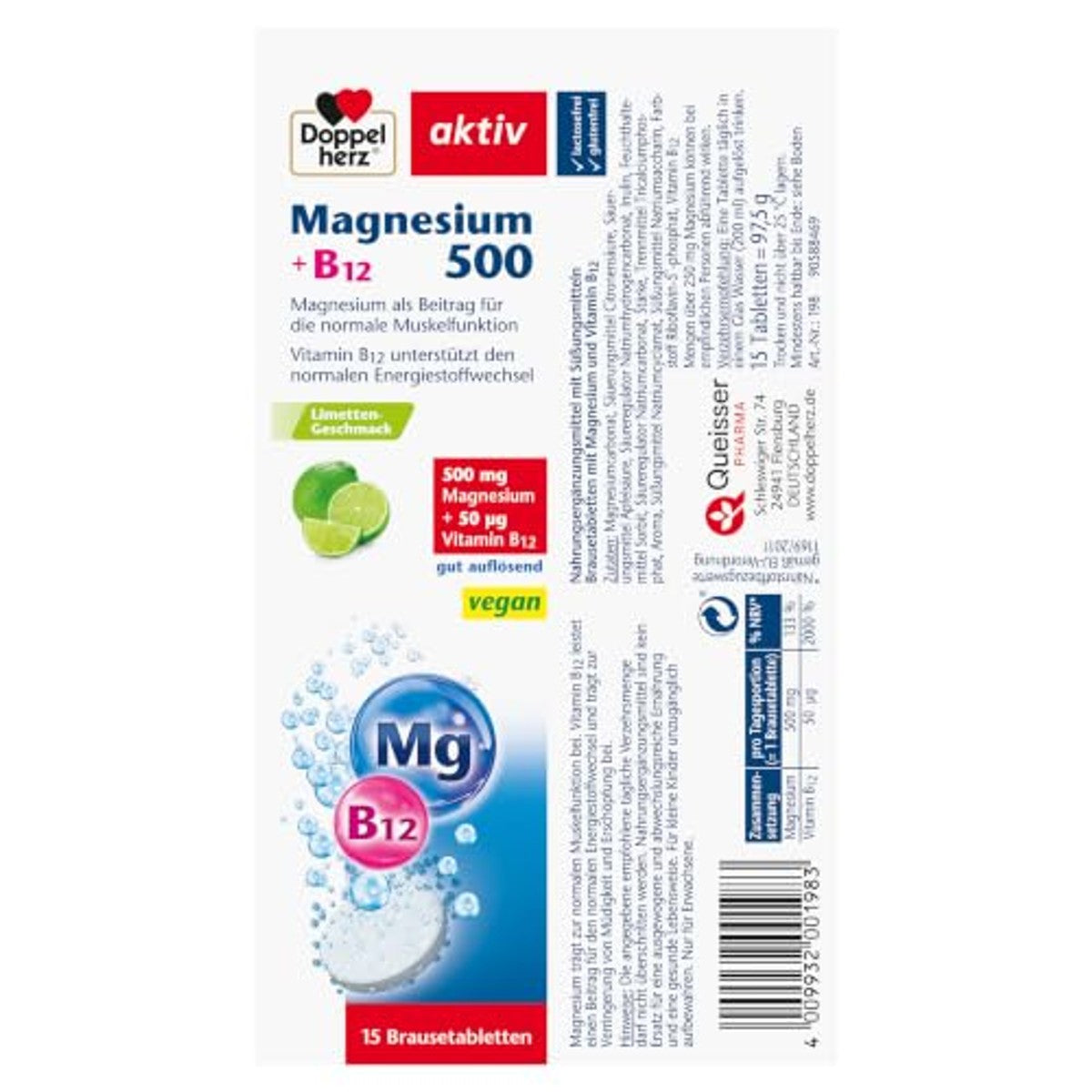 Doppelherz Magnesium 500 + B12 Limoensmaak 15 Bruistabletten - 6-pack