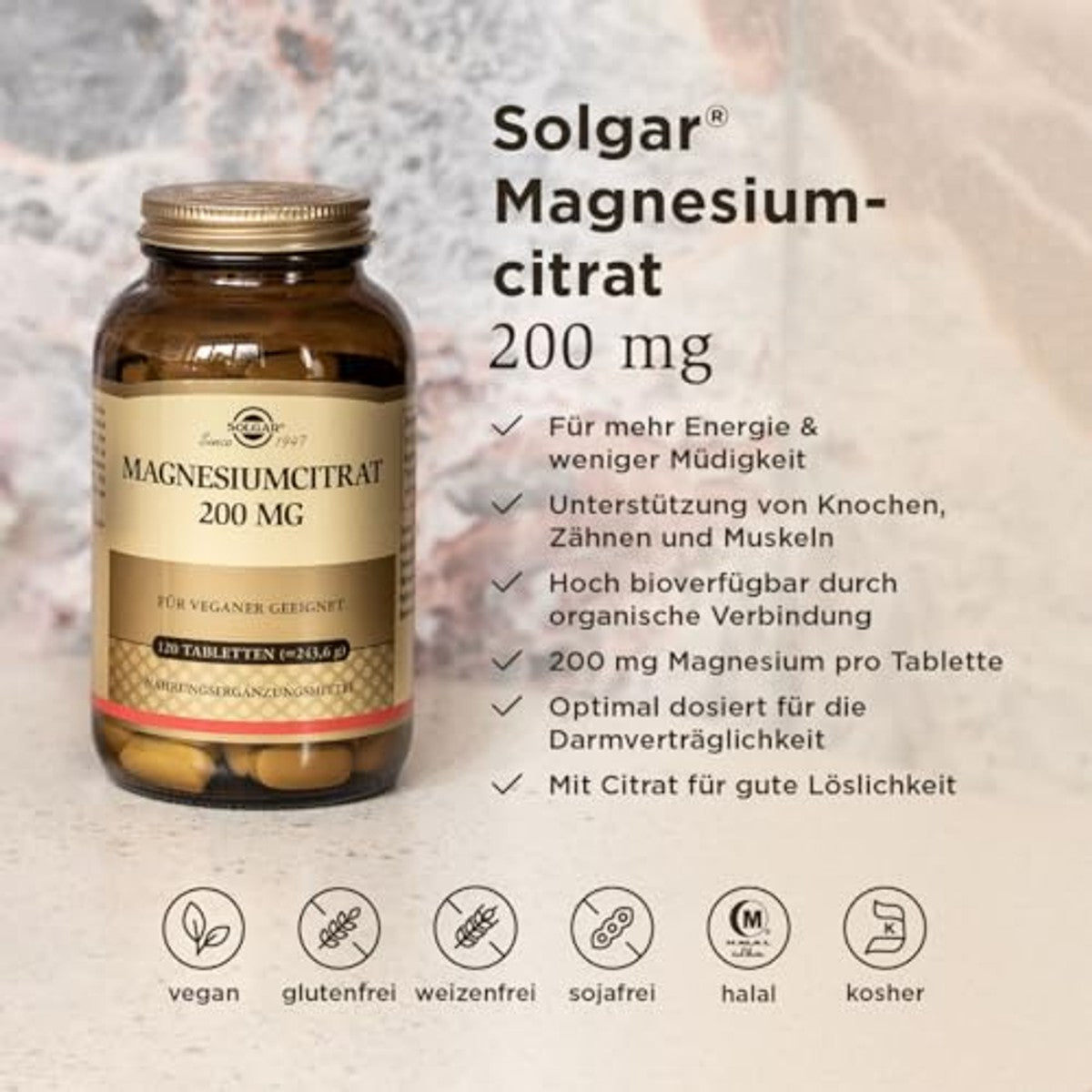 SOLGAR Magnesiumcitraat 200 mg | Voor energie, psyche en spieren | Hoge biologische beschikbaarheid | 120 veganistische tabletten – SOLGAR