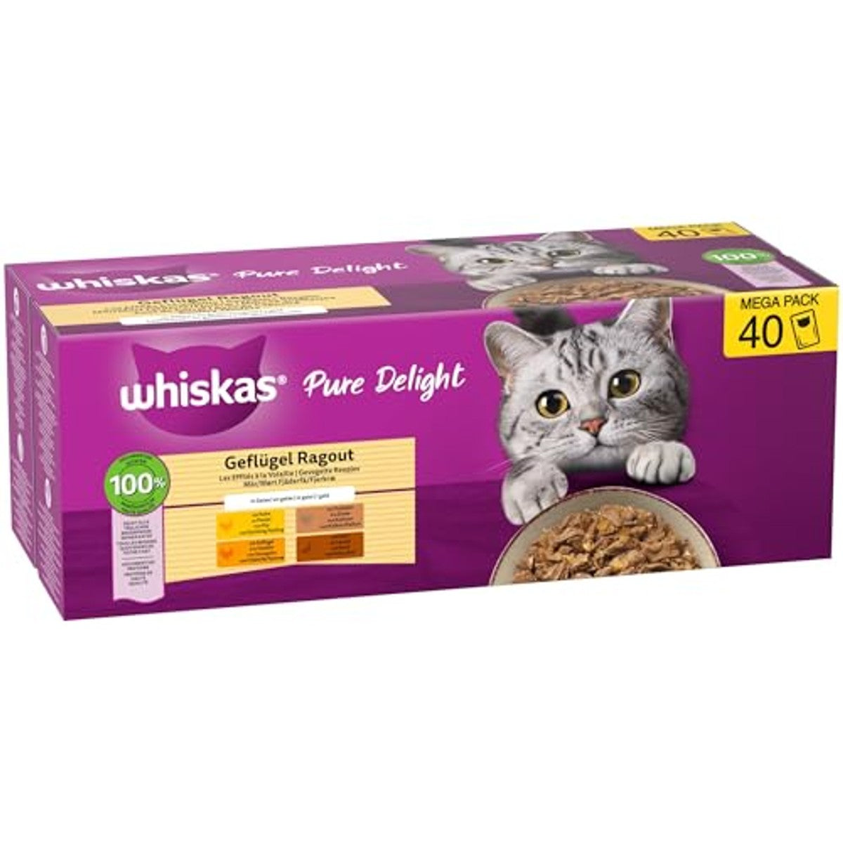 Whiskas 1 x nat kattenvoer Ragout gevogelte, keuze uit gelei, 40 x 85 g (1 verpakking), hoogwaardig natvoer voor volwassen katten, in 40 portiezakjes – whiskas