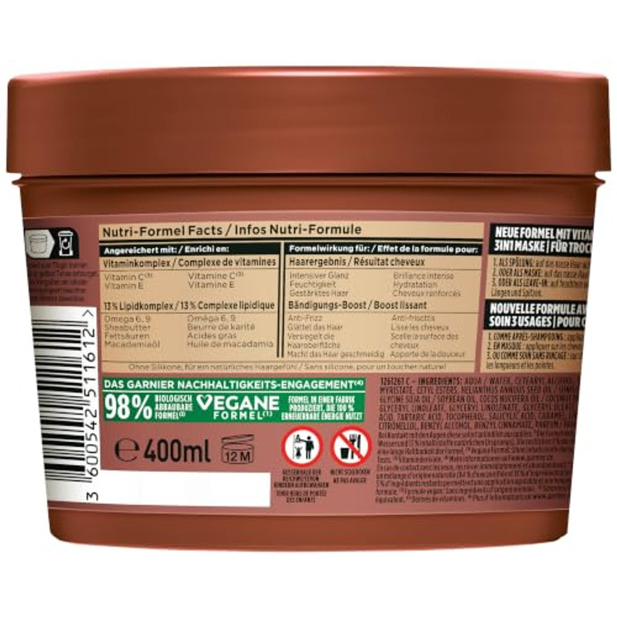 Garnier Fructis Macadamia Hair Food 3-in-1 haarmasker 6 x 400 ml - Voordeelverpakking