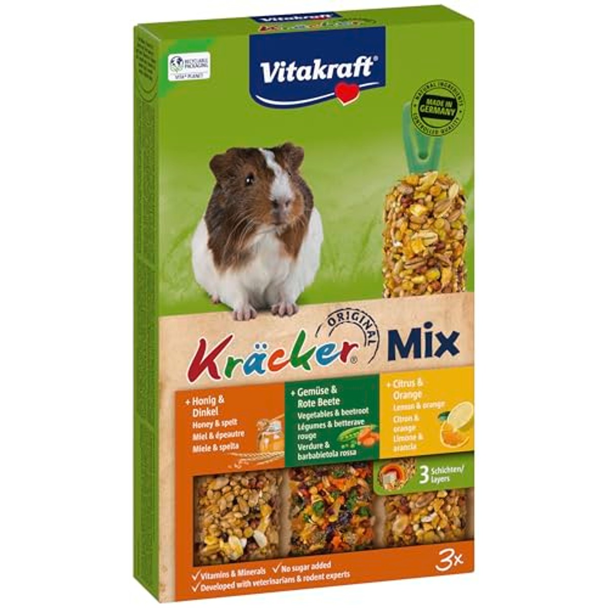 Vitakraft Cracker-mix, knabbelstokken voor cavia's, met citrus, met groenten, met honing, zonder toegevoegde suiker en granen (10 x 168 g) – Vitakraft